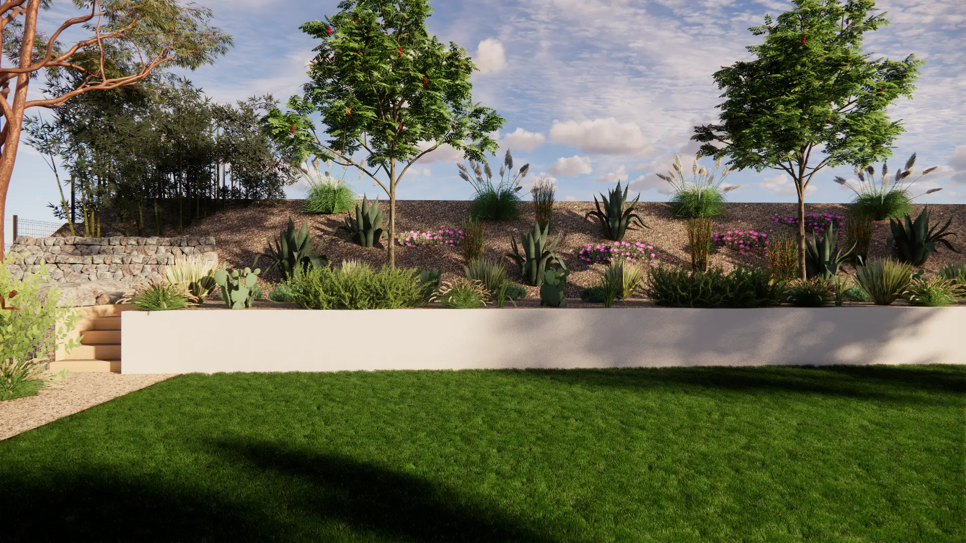 Jardin paysager en terrasse avec mur de soutènement en pierre et muret blanc, plantes désertiques, cactus et gazon vert.