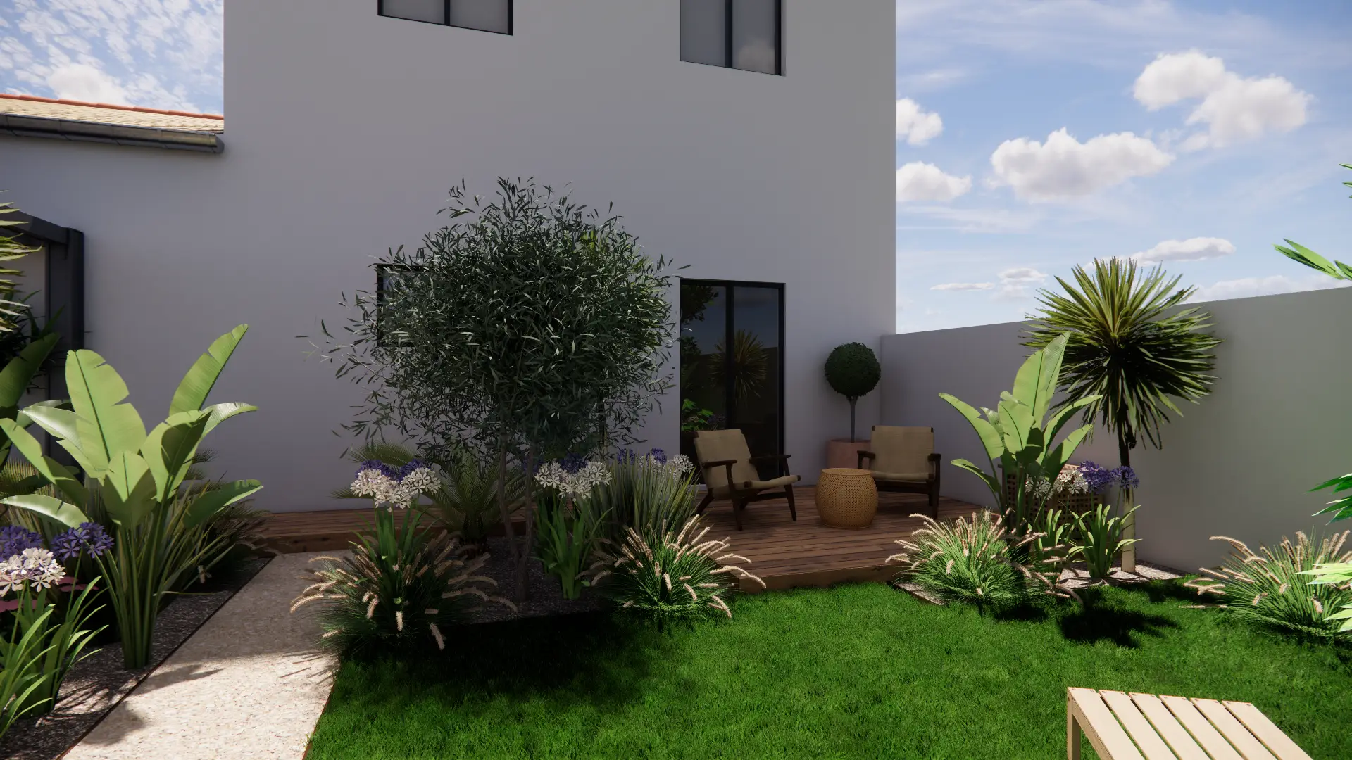 Melina Scalici, Conceptrice Paysagiste, présente sa carte Femme souriante présentant une carte de visite blanche et translucide avec le logo d'une feuille et le texte "MELINA SCALICI CONCEPTRICE PAYSAAGISTE".