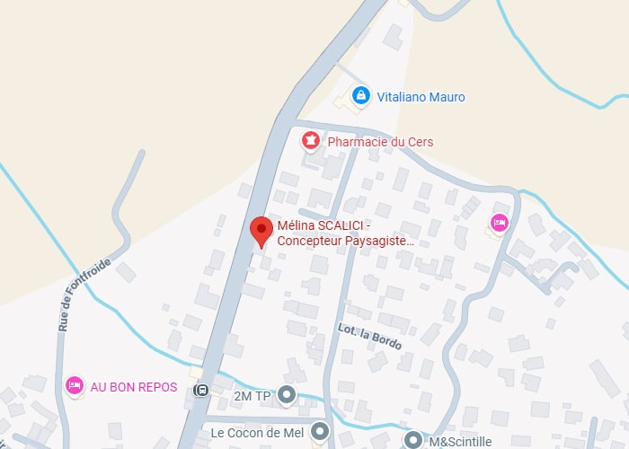 Localisation Paysagiste Mélina Scalici près Pharmacie Cers Carte localisant Mélina SCALICI - Concepteur Paysagiste, près de la Pharmacie du Cers et de la Rue de Fontfroide.