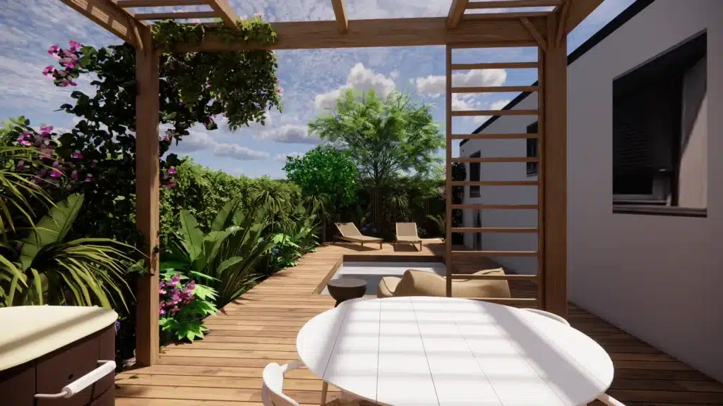 Luxueuse terrasse en bois avec pergola fleurie. Petit bassin, deux transats et table à manger extérieure, entourés d'un jardin tropical dense.