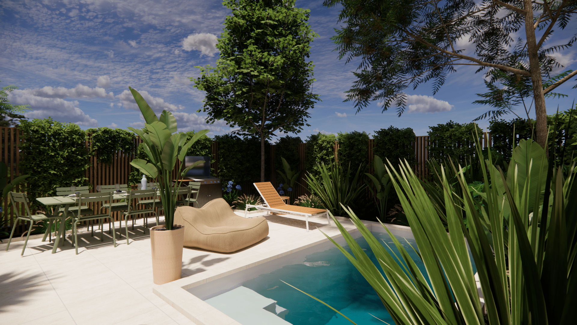 Jardin moderne avec piscine, coin repas vert et chaise longue sous un ciel bleu avec nuages.
