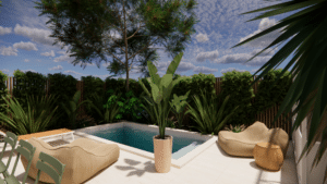 Petit jardin moderne avec piscine, poufs beiges, plante tropicale en pot et haie de verdure sous un ciel bleu.