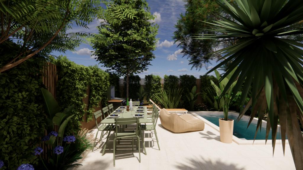 Aménagement de terrasse moderne avec table à manger, piscine, végétation luxuriante et mobilier de jardin sous ciel bleu.