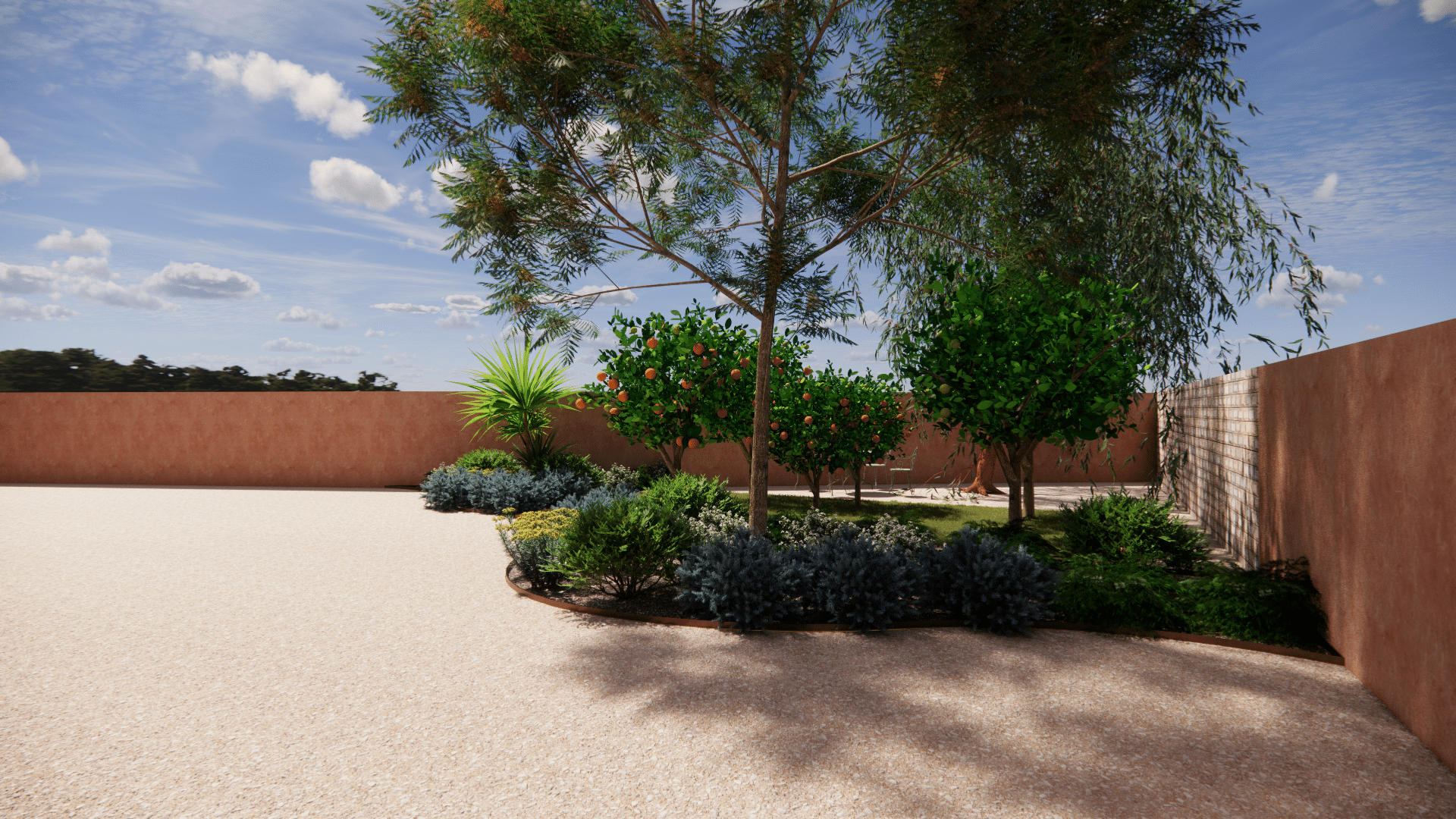 Jardin méditerranéen avec orangers, arbustes et muret ocre sur sol de gravier clair sous un ciel bleu.