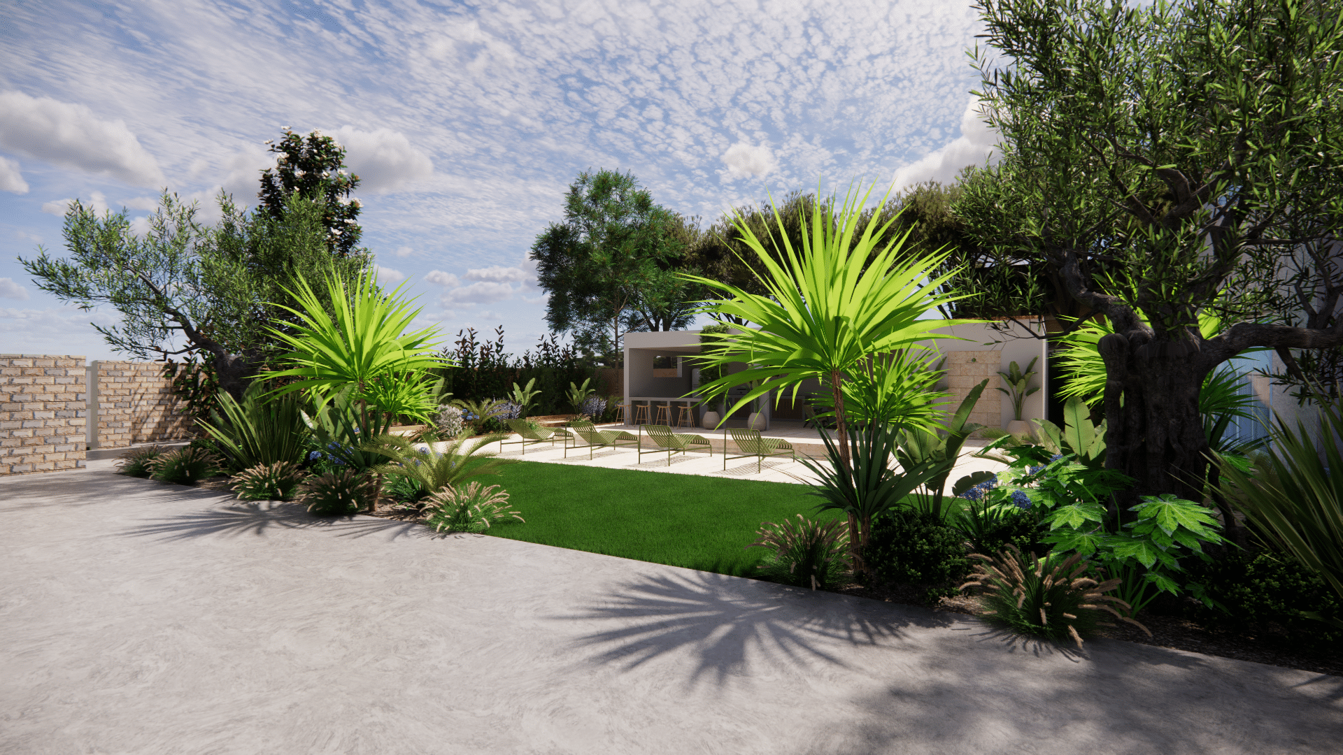 Jardin paysager moderne avec salon d'été, chaises longues, palmiers et pavillon design sous un ciel bleu.
