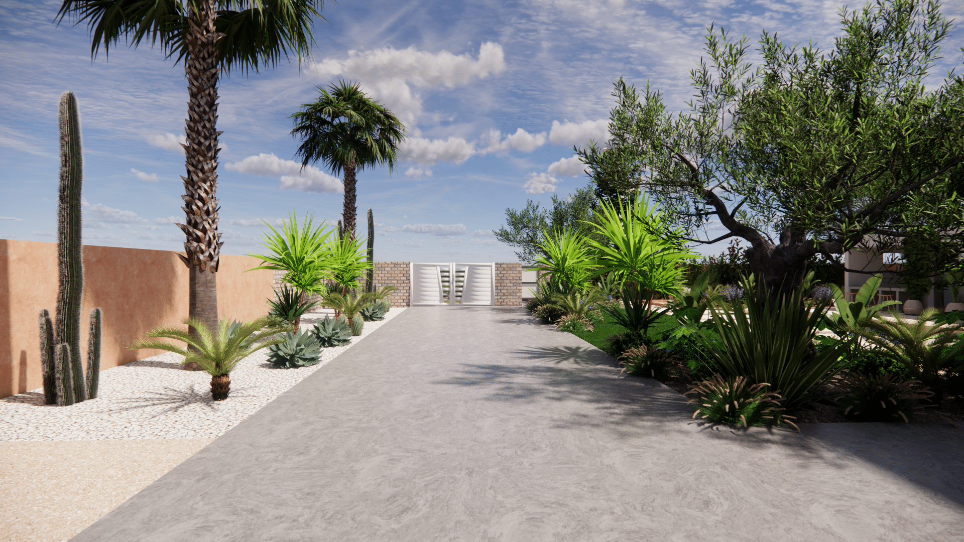 Allée moderne avec jardin sec méditerranéen, palmiers, cactus et olivier sous un ciel bleu avec nuages.