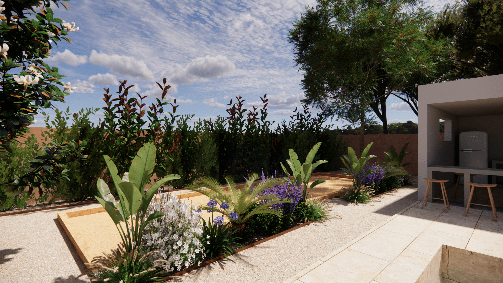 Jardin moderne avec terrain de pétanque, plantes méditerranéennes et cuisine d'été sous un ciel bleu ensoleillé.