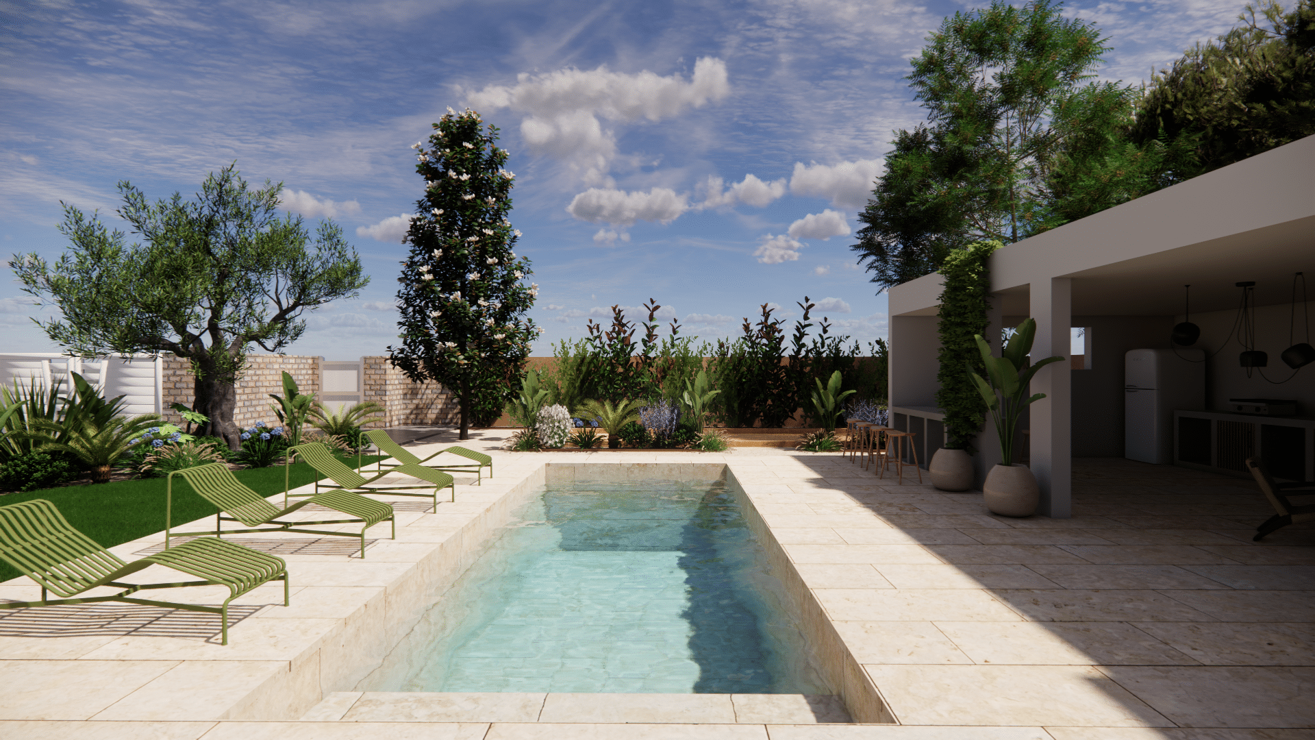 Piscine rectangulaire, bains de soleil verts et cuisine d'été moderne dans un jardin paysager ensoleillé.