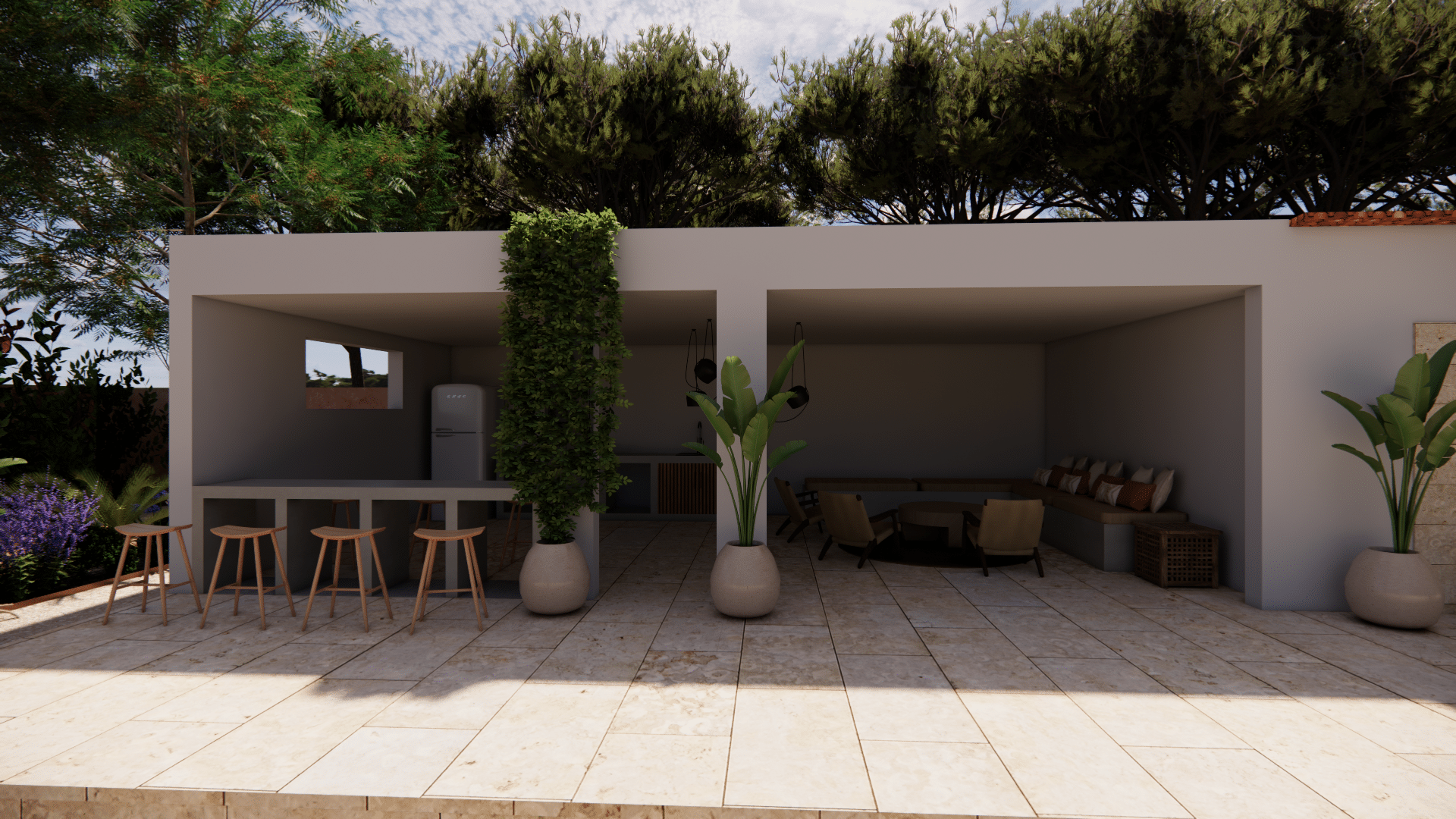 Cuisine d'été moderne avec bar, salon de jardin et plantes vertes sur une terrasse en pierre ensoleillée.