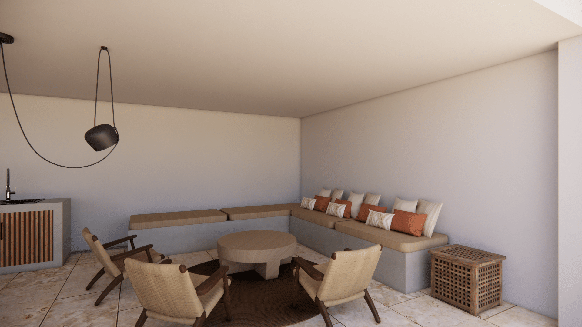 Terrasse moderne avec canapé d'angle en béton, coussins terre cuite, fauteuils en rotin et table basse en bois.