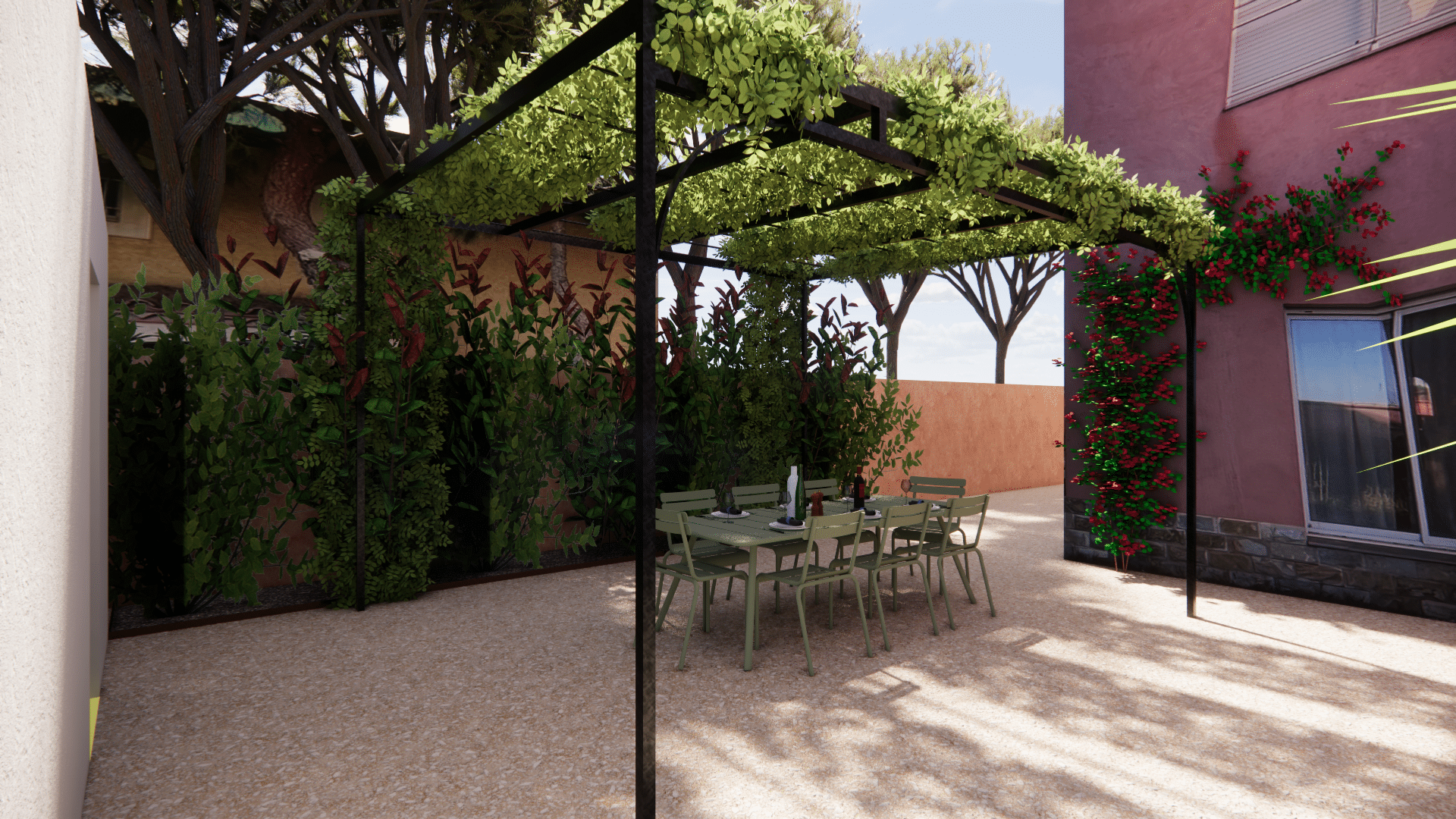 Pergola végétalisée abritant un salon de jardin vert sur une terrasse en gravier au design moderne.