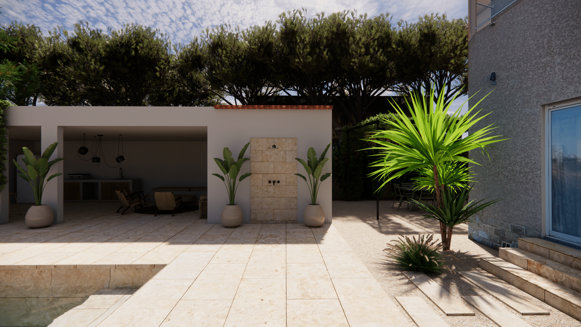 Terrasse moderne avec piscine, cuisine d'été, douche extérieure en pierre et plantes tropicales sous un ciel bleu.