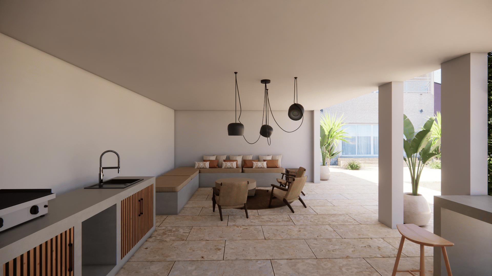 Cuisine d'été moderne et salon de jardin sous une terrasse couverte avec sol en travertin et éclairage design.