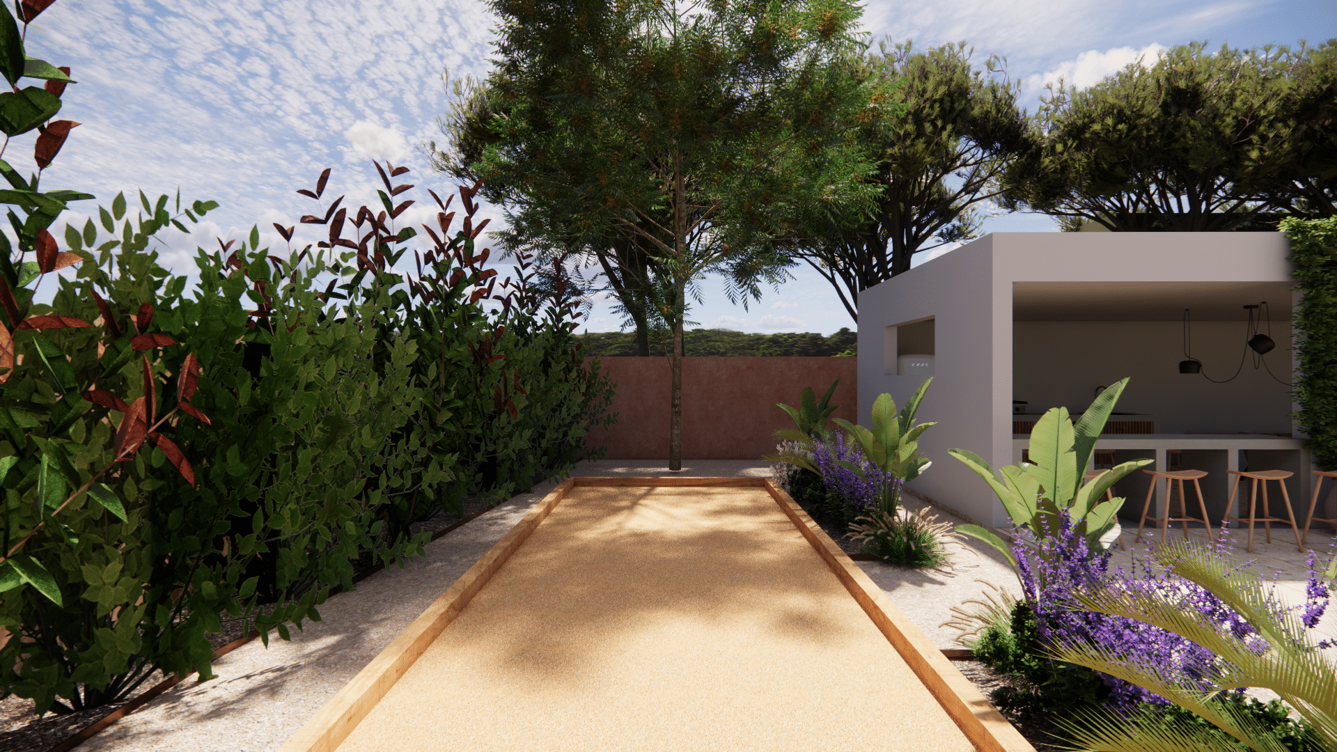 Terrain de pétanque moderne avec bordures boisées dans un jardin paysager avec cuisine d'été et plantes méditerranéennes.