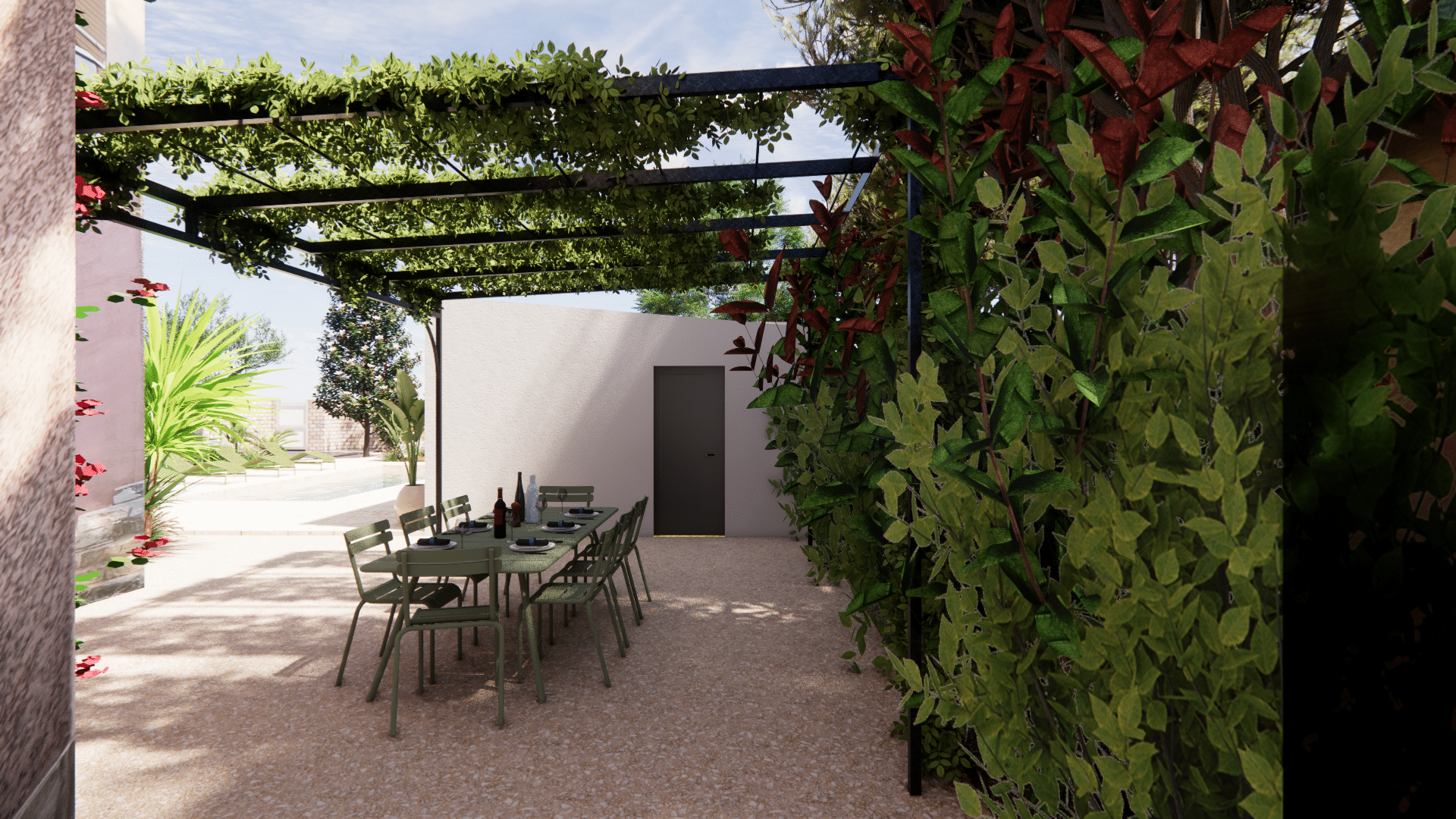 Terrasse avec pergola végétalisée et table à manger conviviale dans un jardin ensoleillé au design moderne.