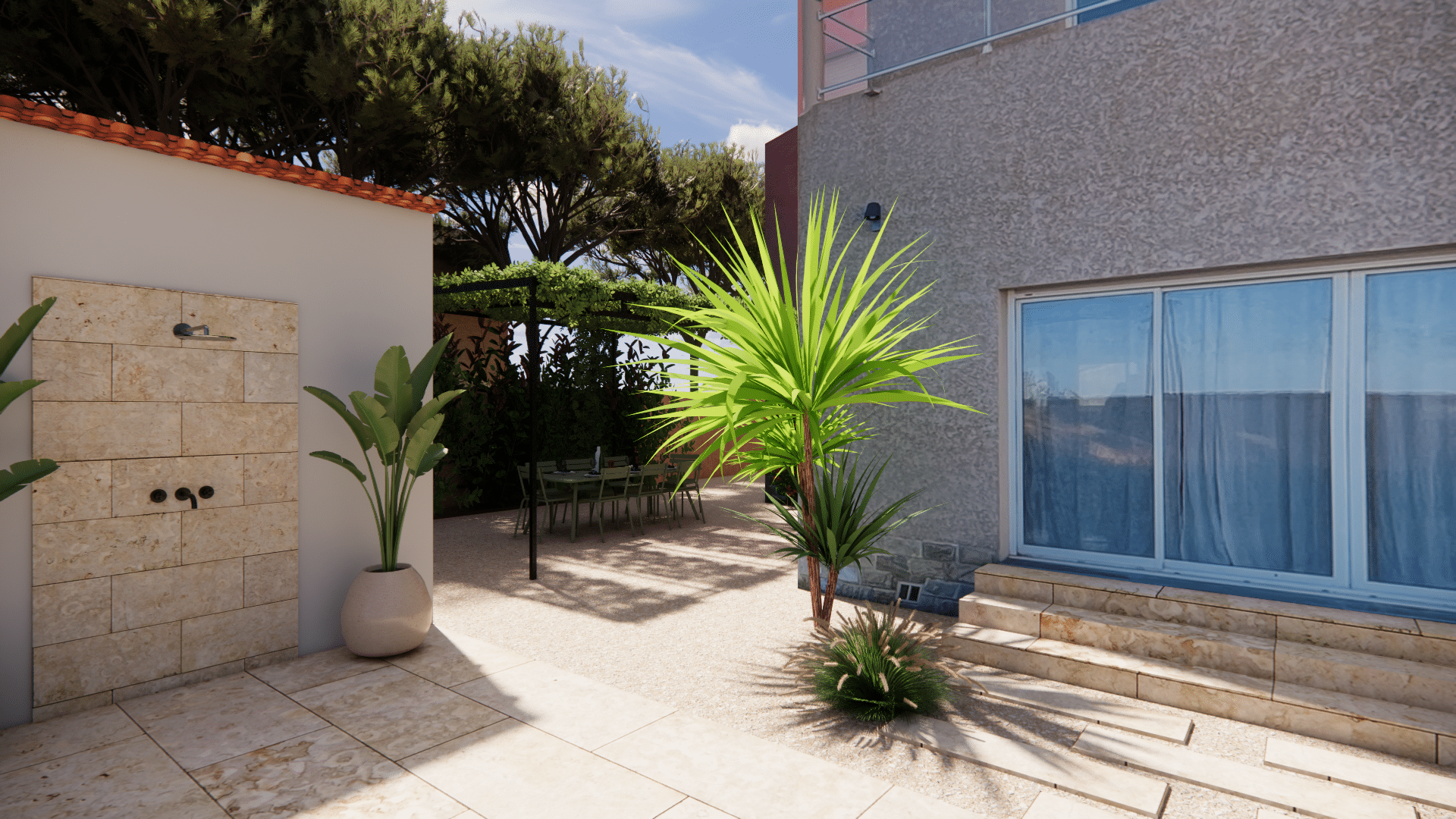 Terrasse de villa avec douche extérieure, palmier et pergola abritant un coin repas ensoleillé.