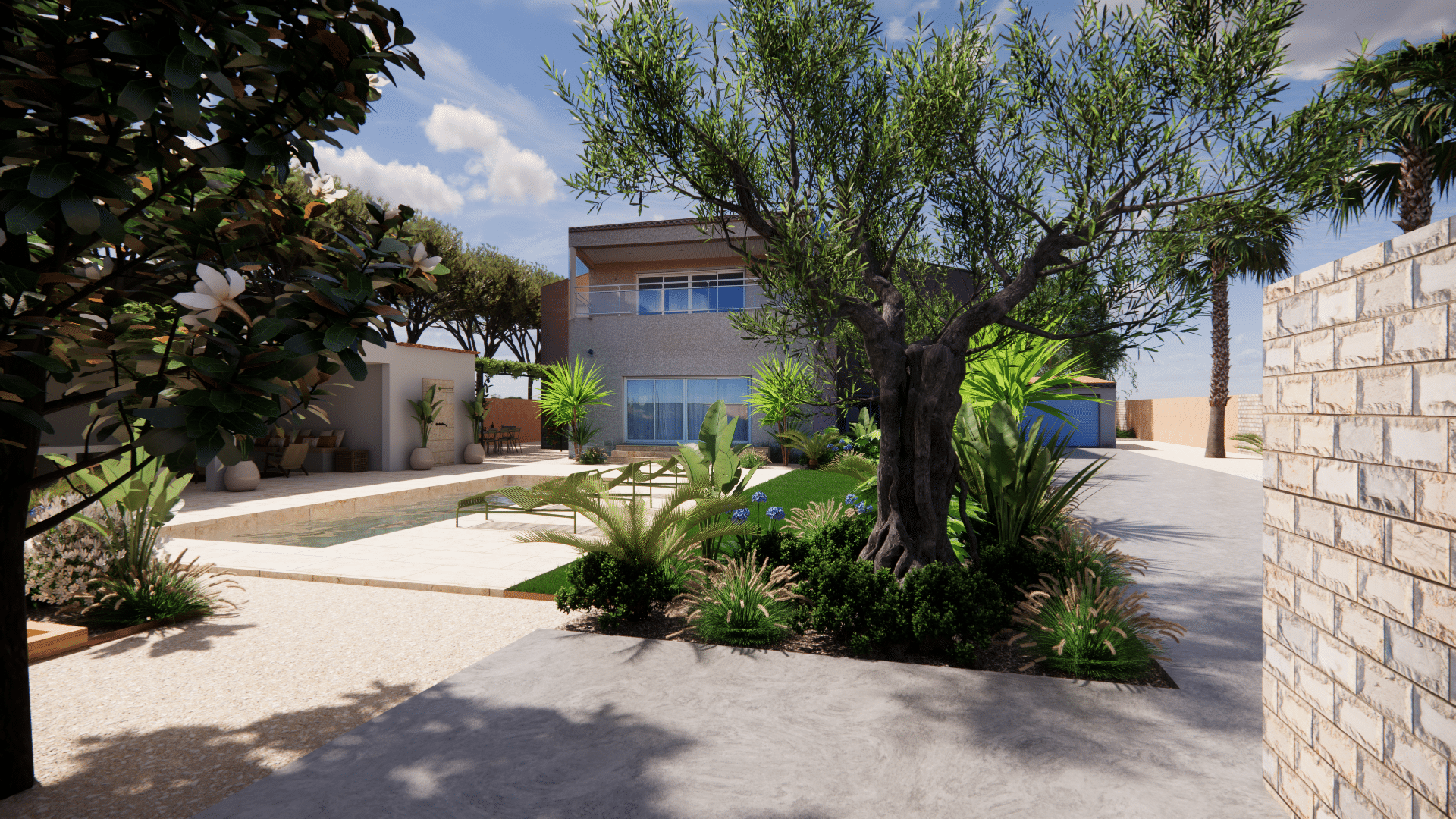 Villa moderne avec piscine, jardin méditerranéen luxuriant, grand olivier et terrasse sous un ciel bleu dégagé.