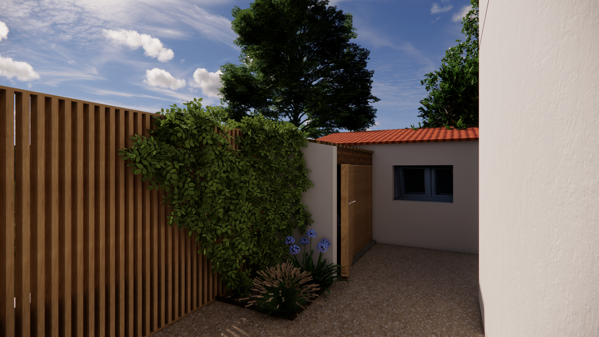 Aménagement de jardin moderne avec clôture en bois à lattes, plantes grimpantes et petit abri blanc sous un ciel bleu.