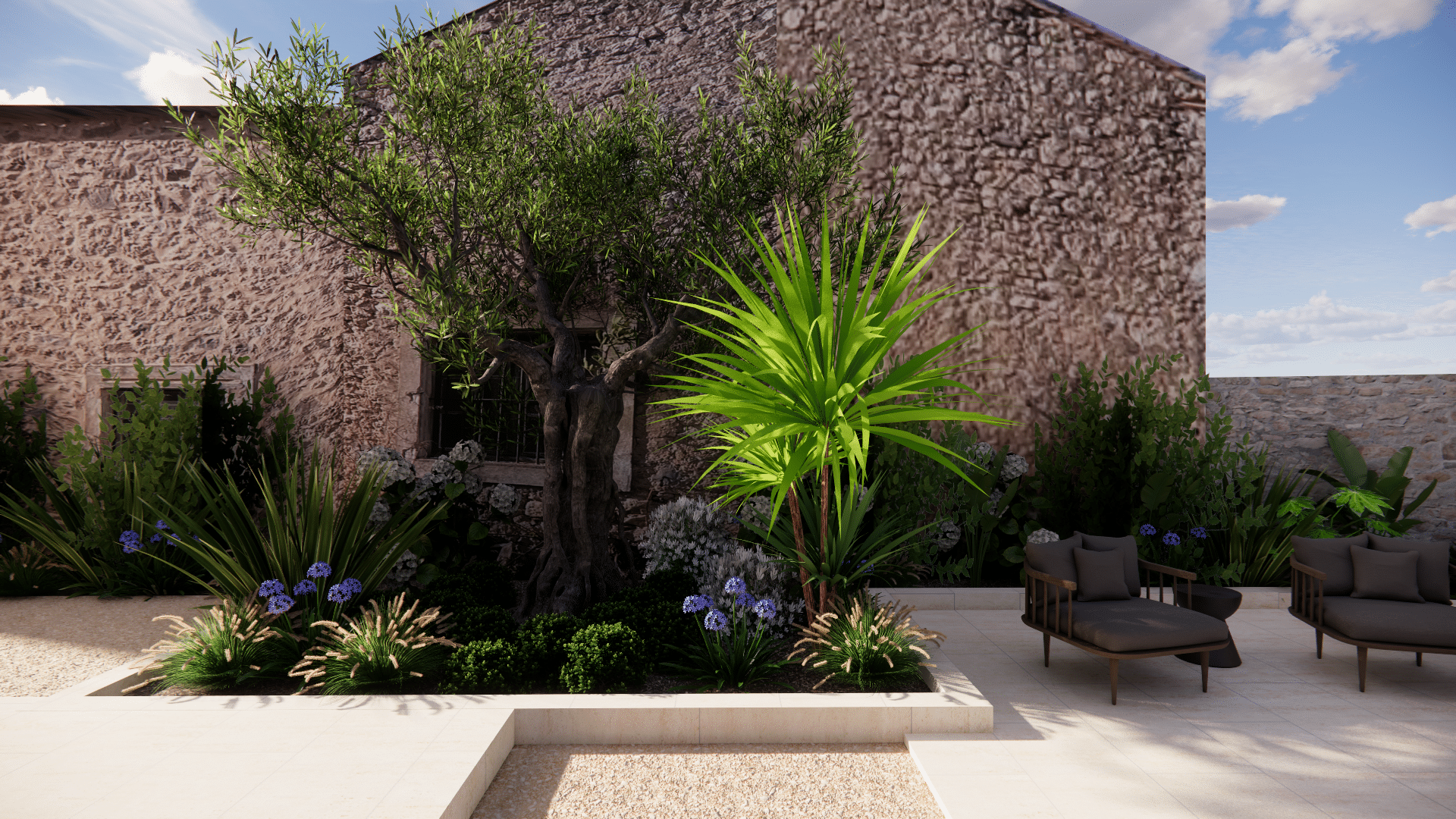 Aménagement de jardin méditerranéen avec olivier, palmier et mobilier de salon design devant un mur de pierres sèches.