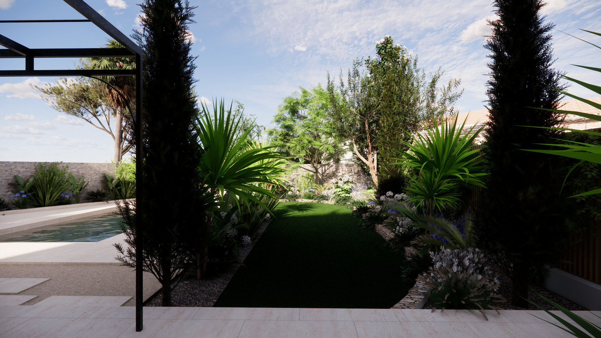 Aménagement de jardin avec piscine, pelouse et plantes méditerranéennes sous une pergola moderne.