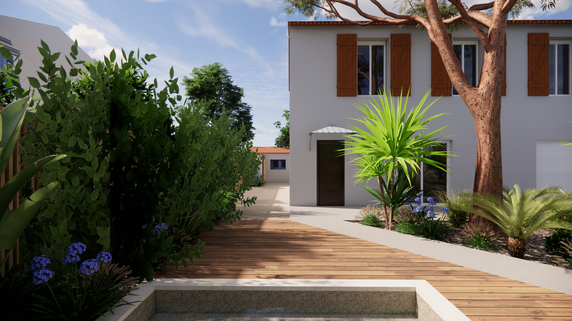 Jardin méditerranéen moderne avec terrasse en bois, palmier et maison blanche aux volets marron.