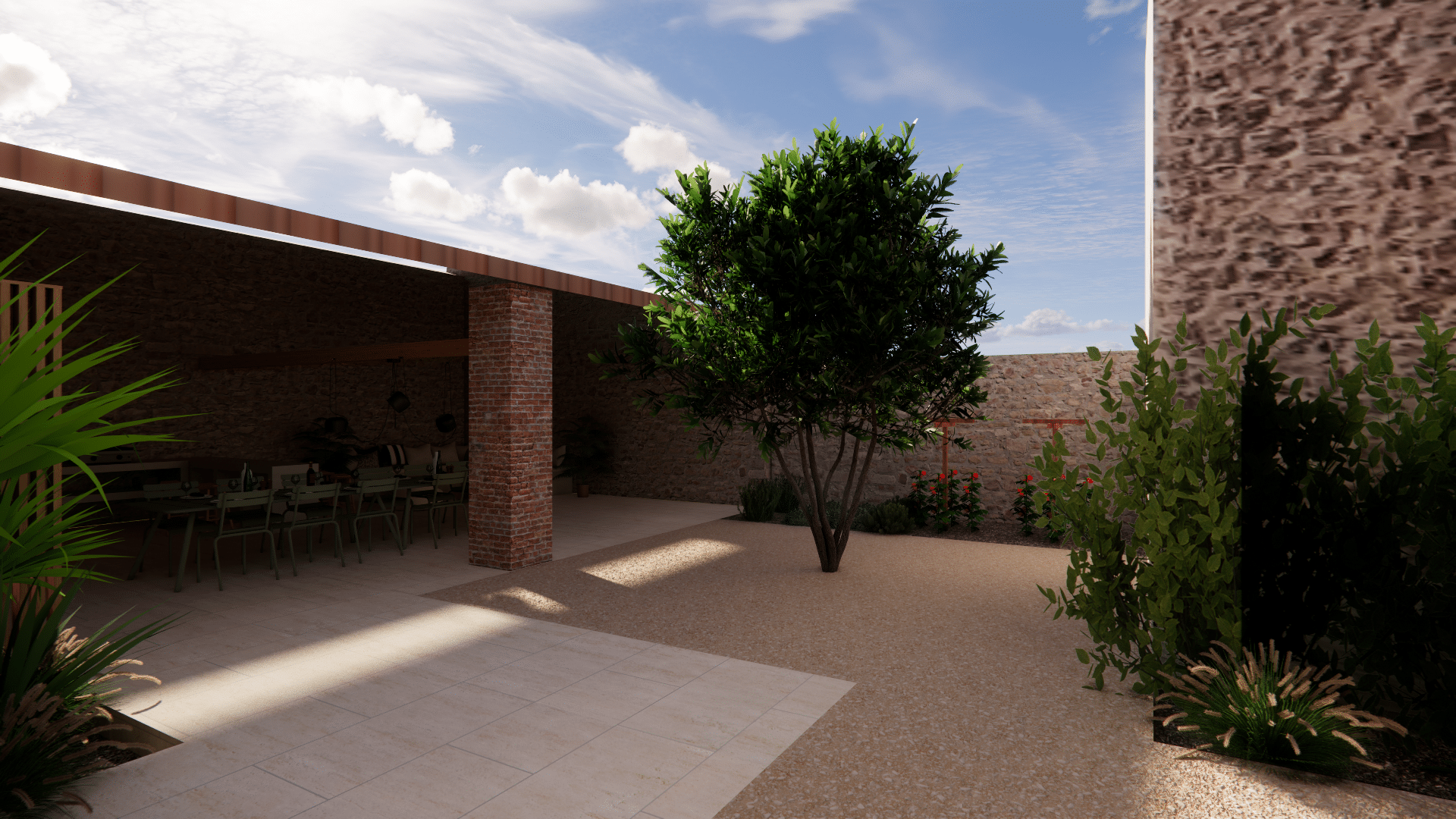 Patio avec coin repas sous auvent, pilier en briques, arbre central et murs en pierre dans un jardin ensoleillé.