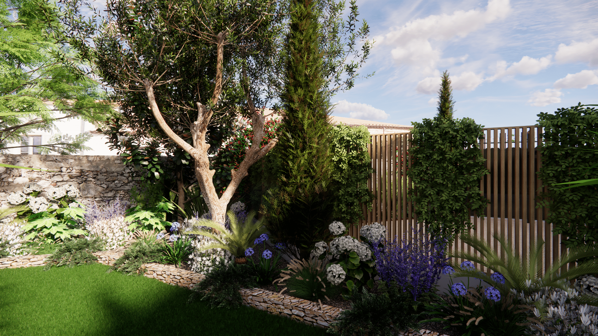 Aménagement paysager avec massif floral, muret en pierre et clôture en bois dans un jardin méditerranéen ensoleillé.
