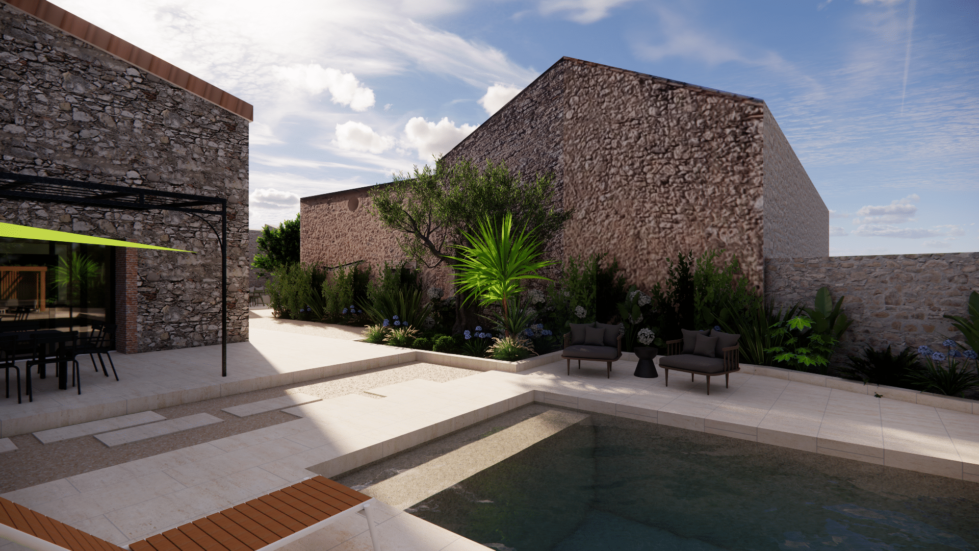 Terrasse luxueuse avec piscine, mobilier de jardin moderne et bâtisses en pierre sous un beau ciel bleu.