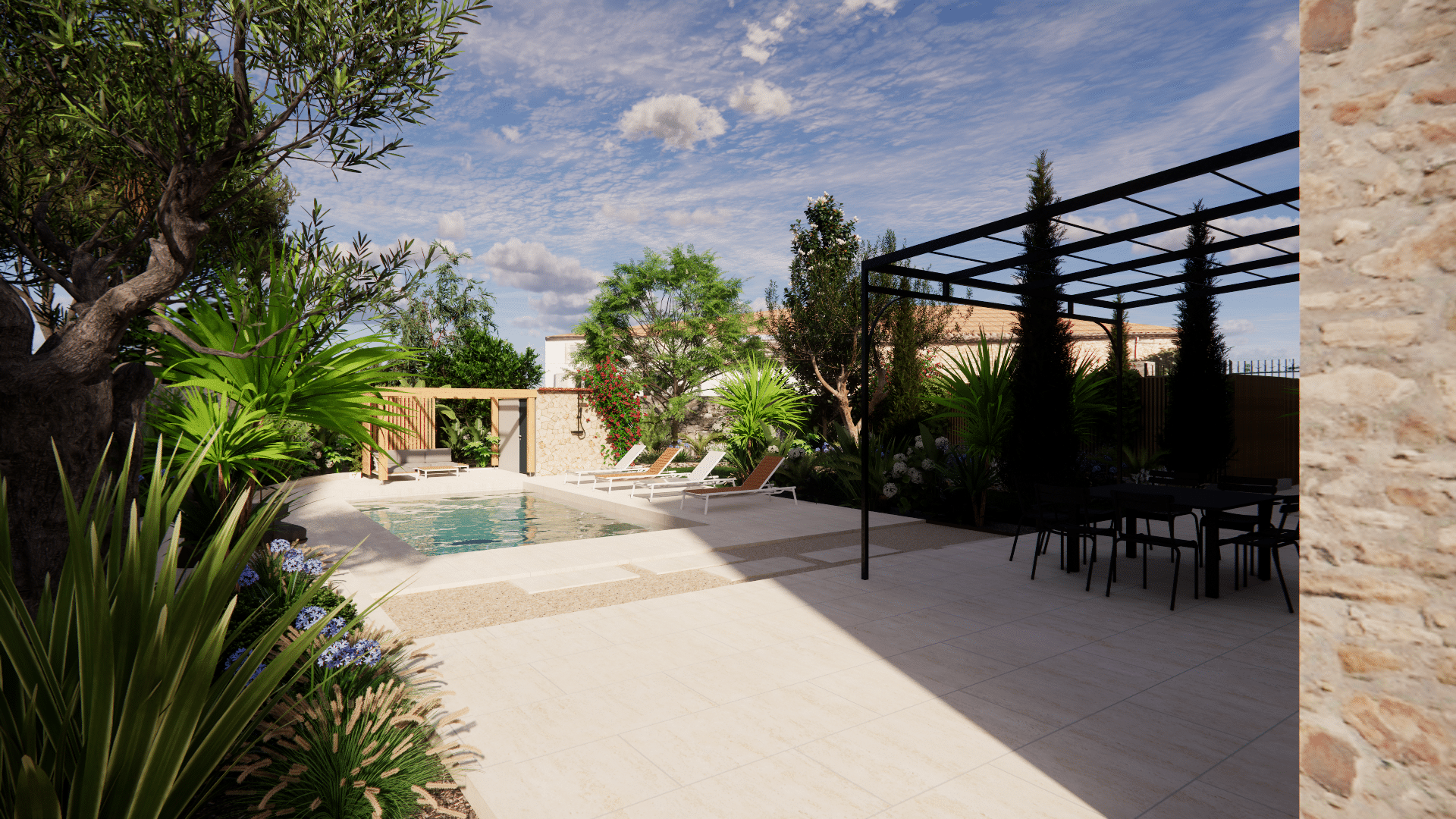 Jardin moderne avec piscine, terrasse en pierre, pergola noire et végétation méditerranéenne luxuriante.