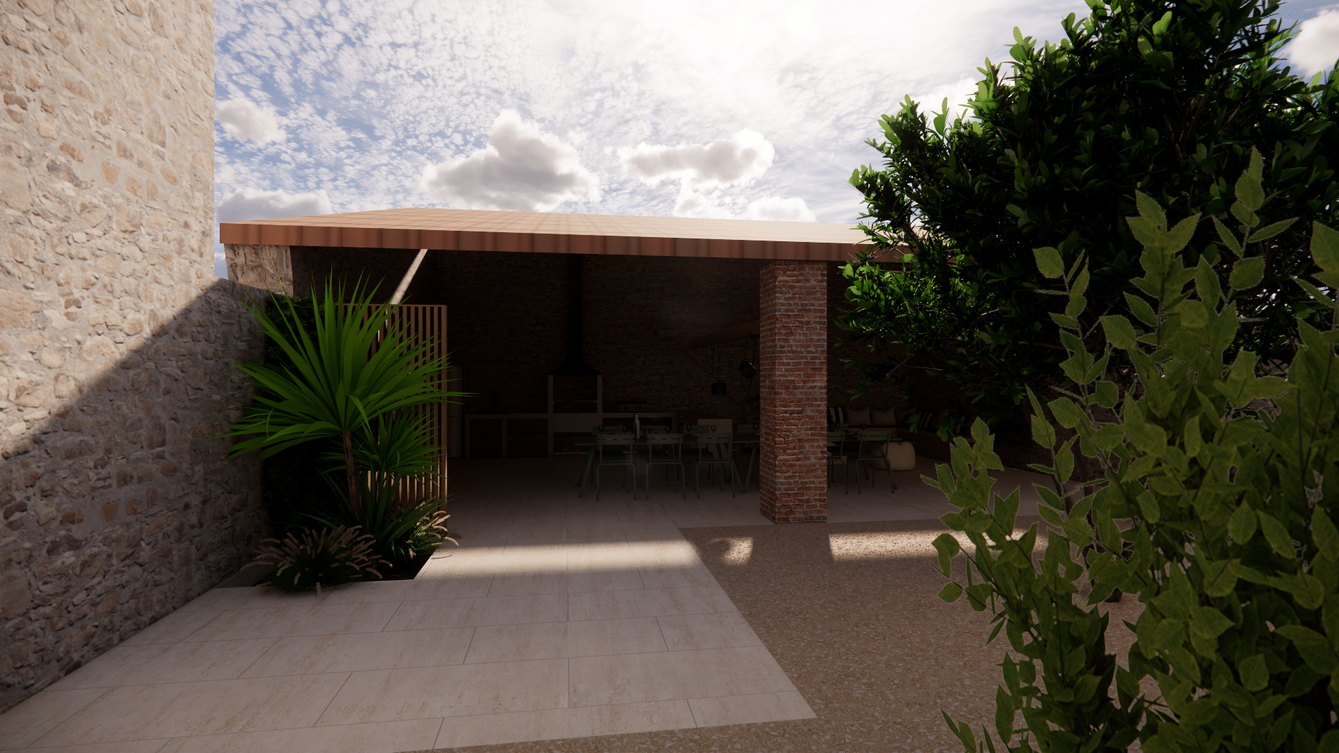 Patio méditerranéen couvert avec cuisine d'été, table, chaises, pilier en brique et yucca sur carrelage clair.