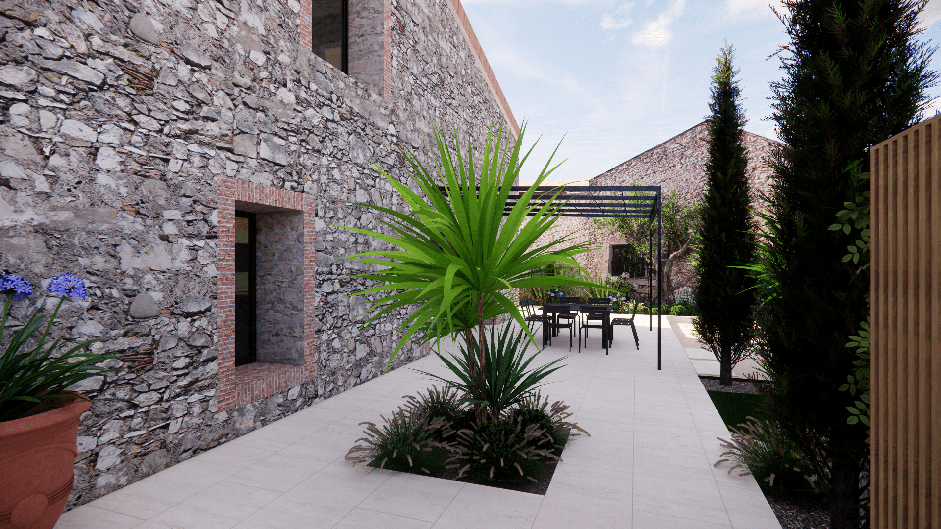 Patio moderne avec murs en pierre, plante exotique centrale et coin repas sous pergola noire.