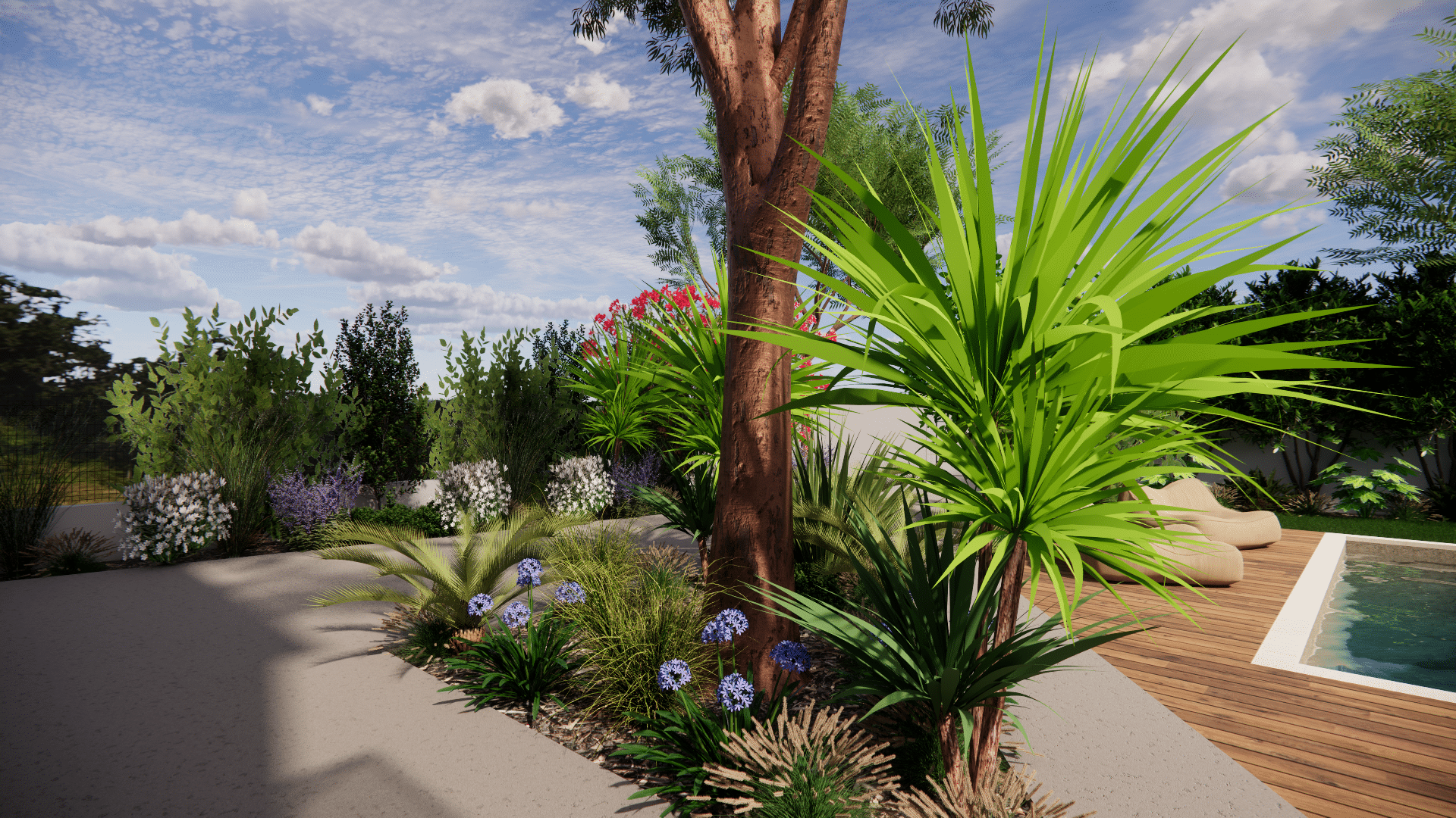 Aménagement paysager avec piscine, terrasse bois, plantes exotiques et fleurs violettes dans un jardin moderne.