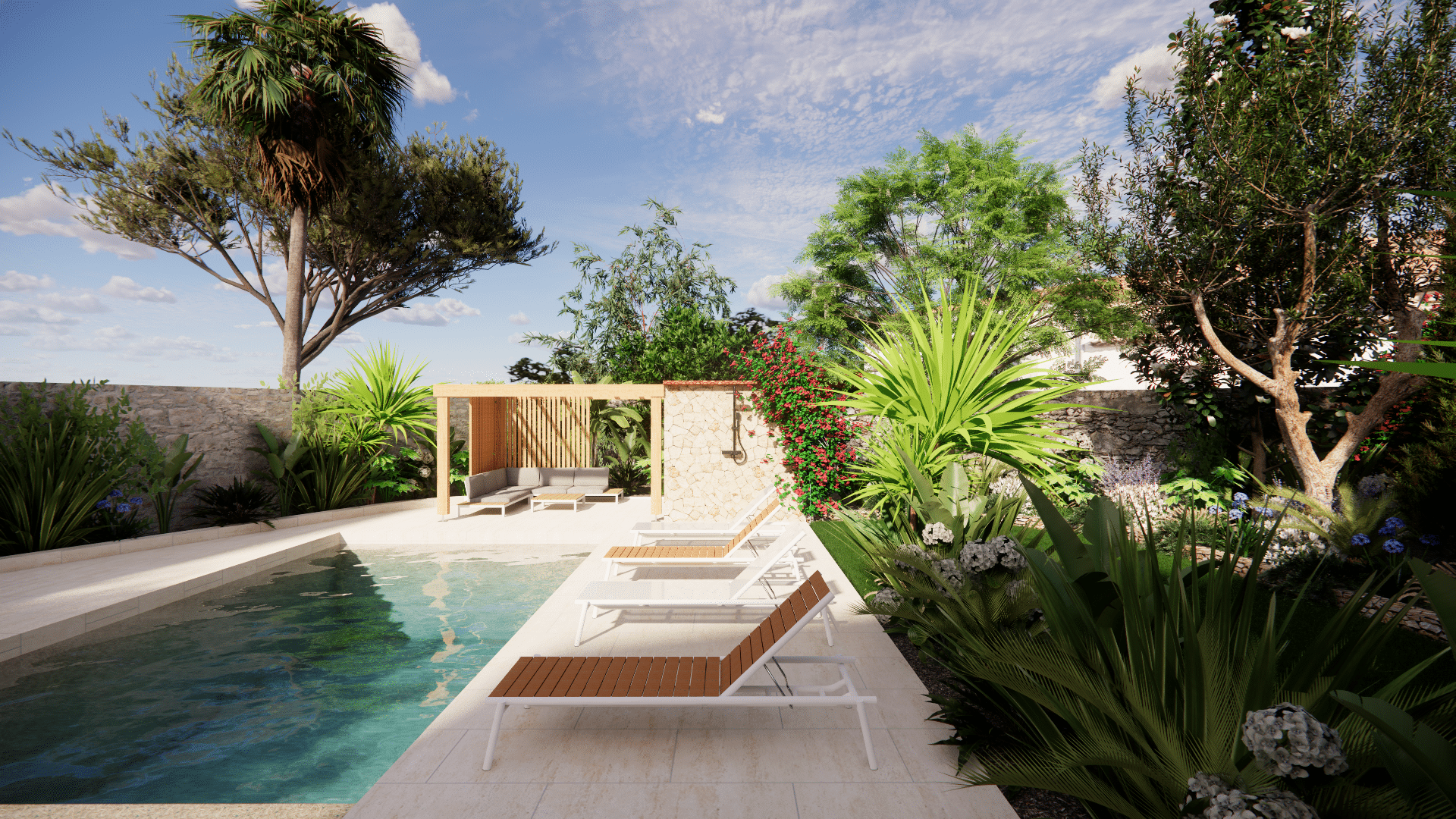 Piscine de luxe avec pergola en bois, transats et végétation tropicale dans un jardin paysager ensoleillé.