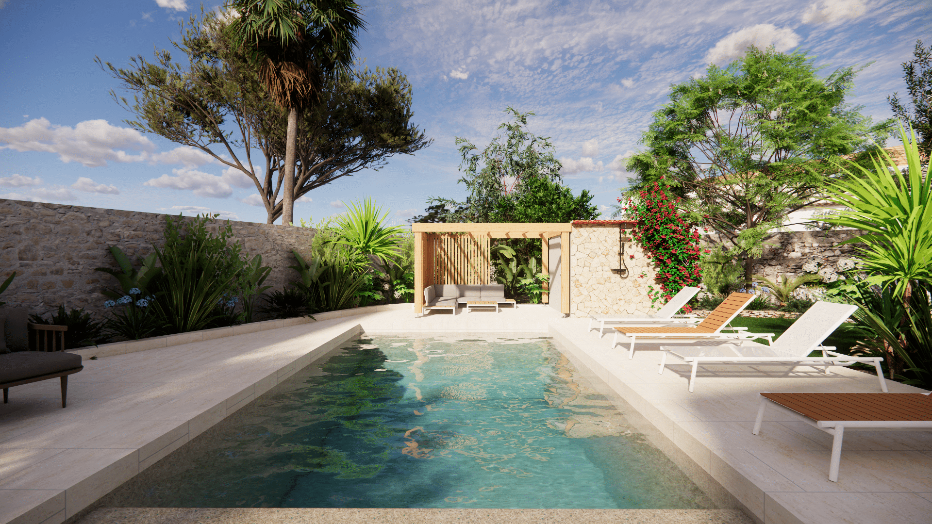 Piscine luxueuse avec transats blancs et bois, pergola moderne et jardin méditerranéen sous un ciel bleu ensoleillé.
