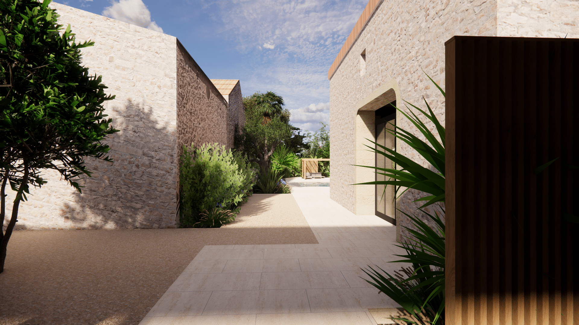 Allée d'une villa en pierre avec jardin luxuriant et architecture méditerranéenne moderne sous un ciel bleu ensoleillé.