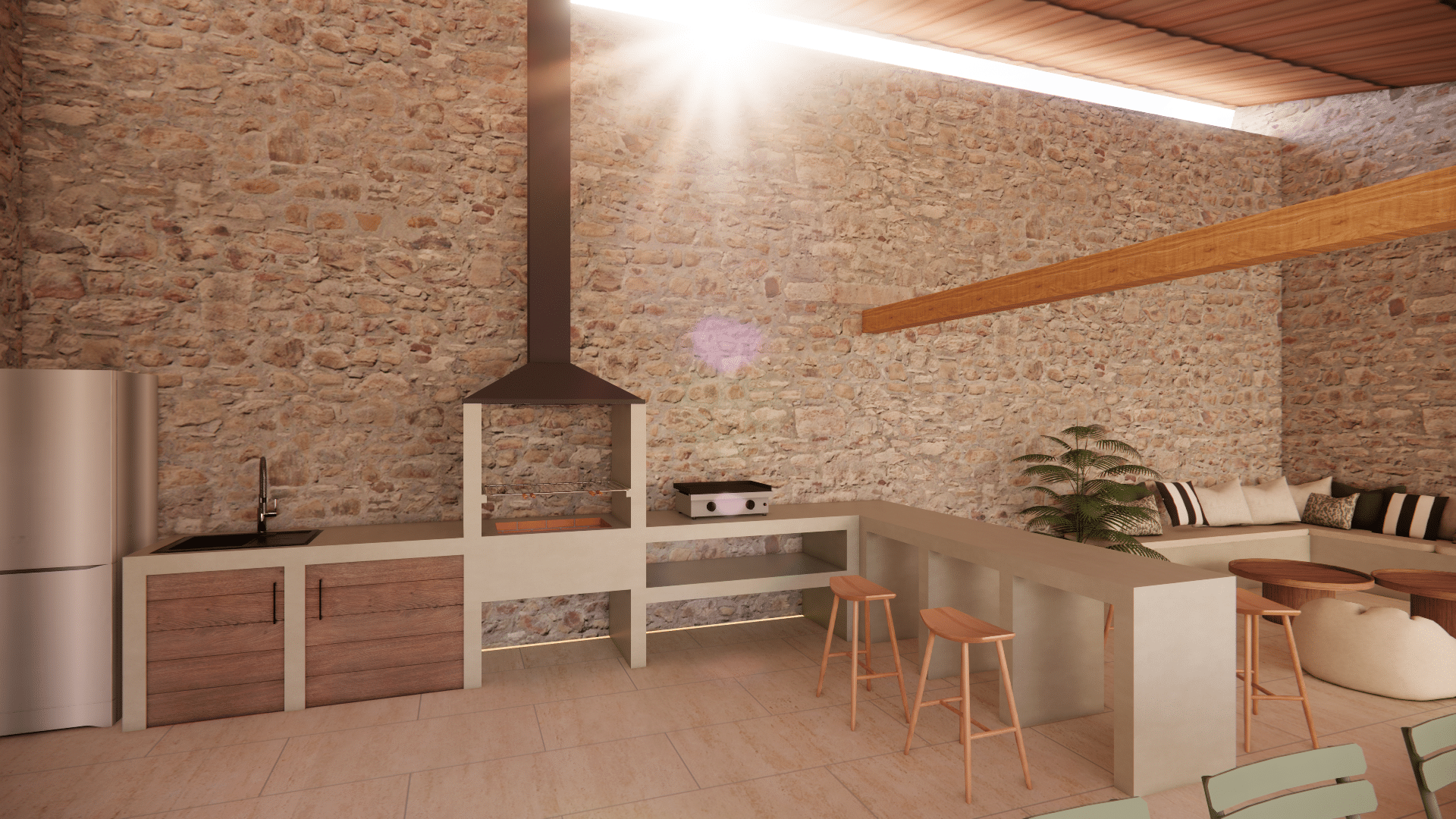 Cuisine d'été moderne avec mur en pierre, barbecue intégré et coin salon baigné de lumière naturelle.