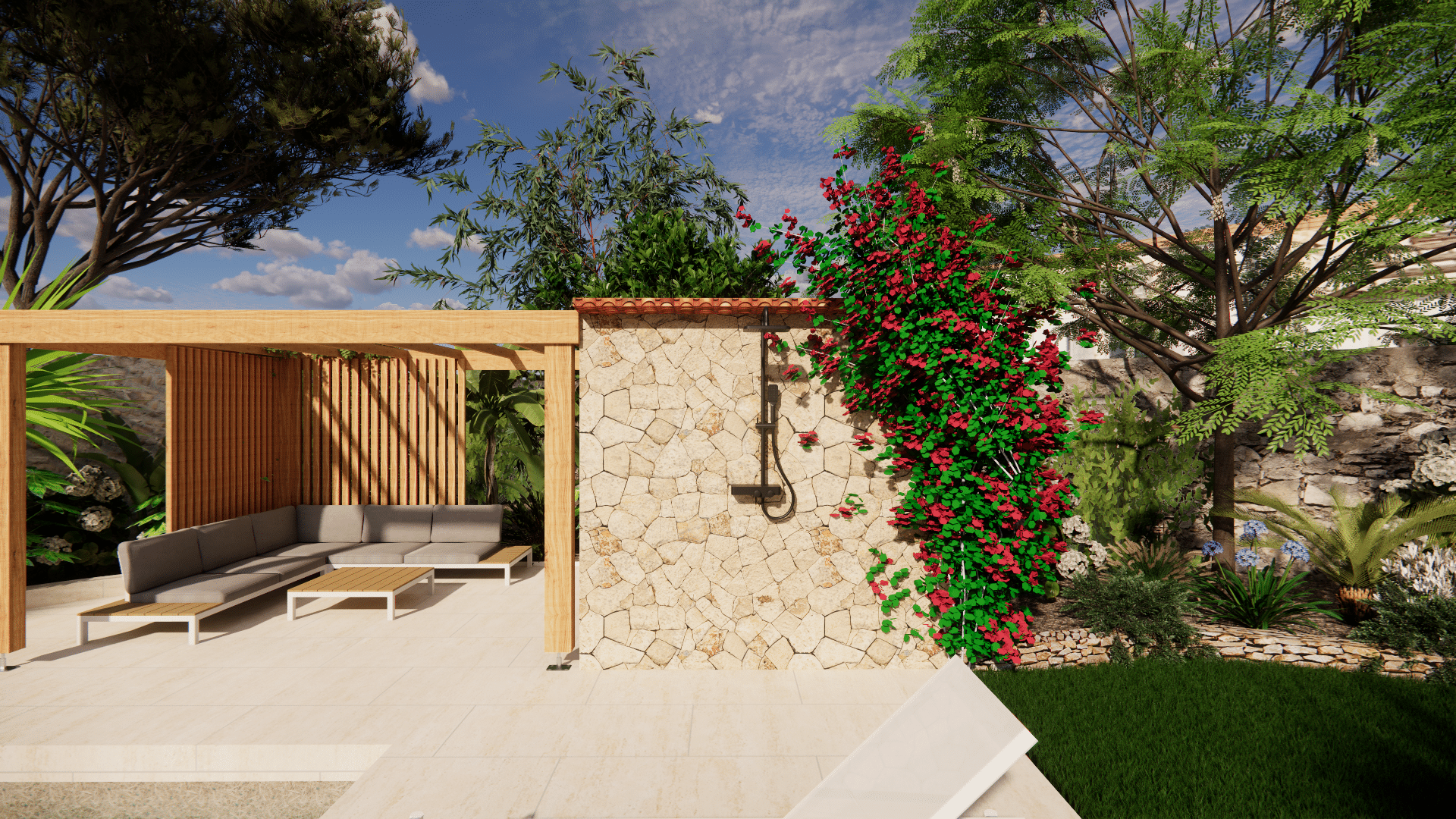 Jardin moderne avec pergola bois, salon gris, douche extérieure sur mur de pierre et bougainvillier rouge.