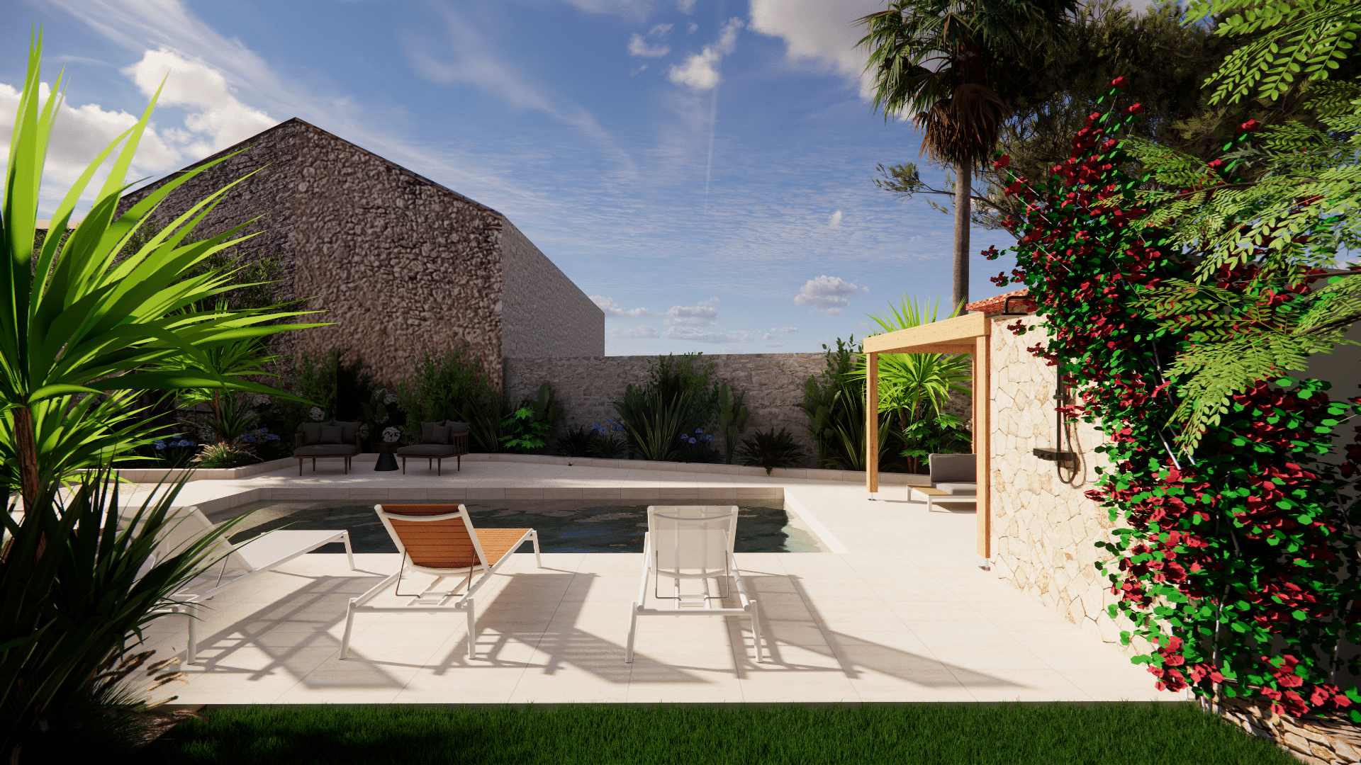 Piscine luxueuse avec transats, pergola en bois et murs de pierre dans un jardin méditerranéen ensoleillé.