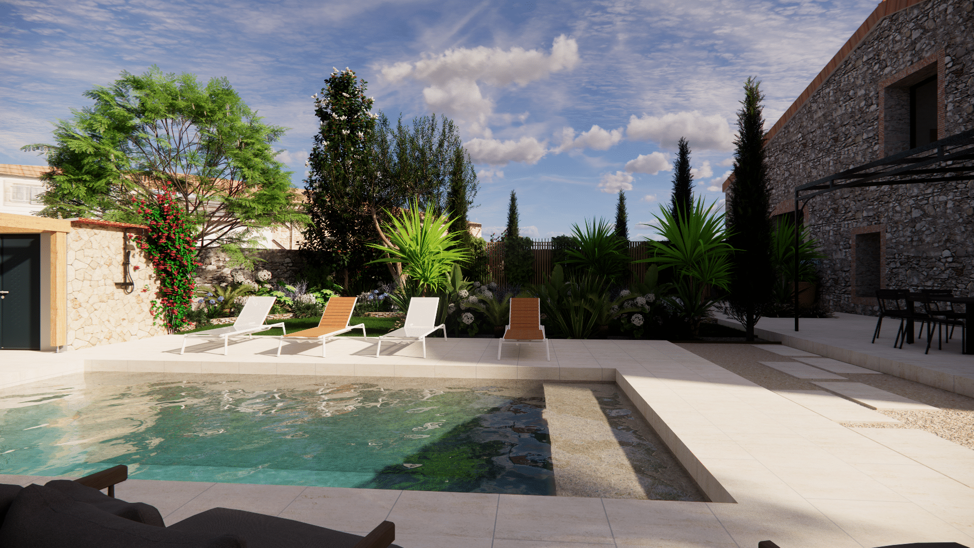 Piscine luxueuse avec transats, jardin paysager et bâtisse en pierre sous un ciel d'été ensoleillé.