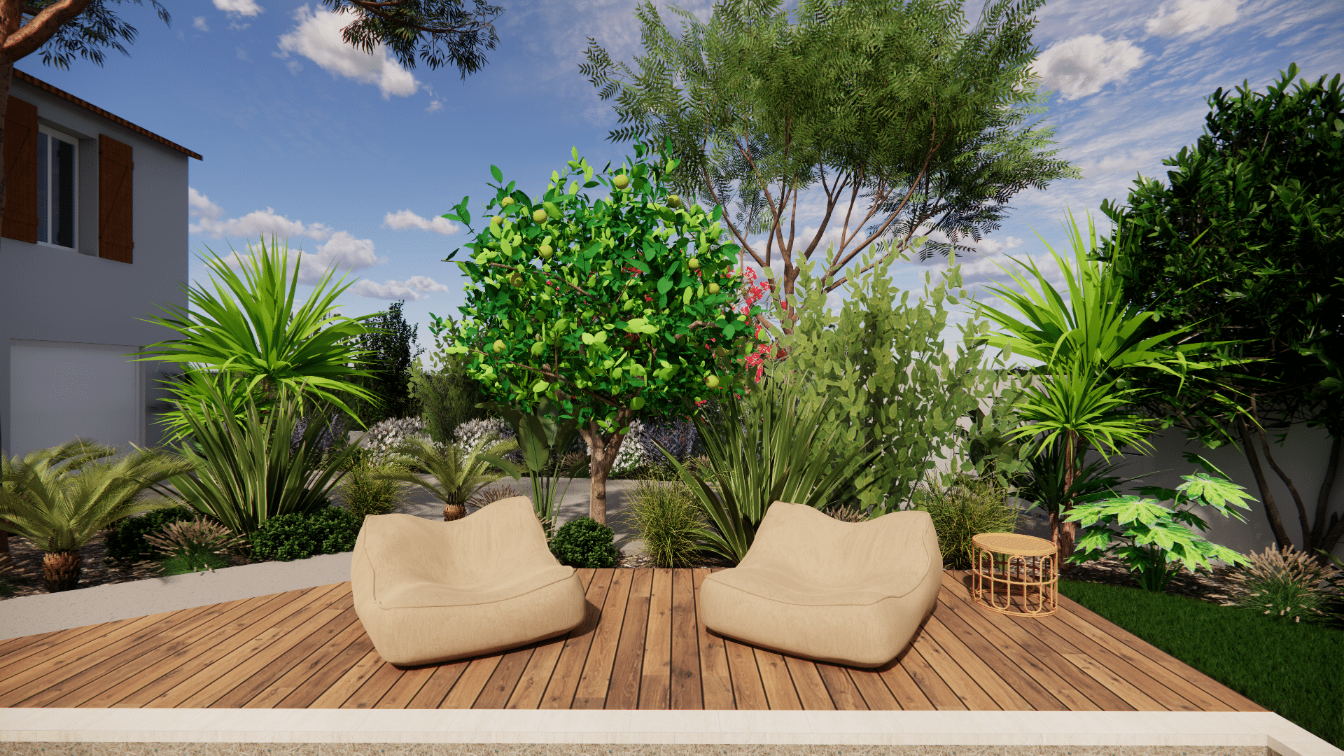 Terrasse en bois avec poufs confortables, jardin méditerranéen et citronnier pour un aménagement extérieur relaxant.