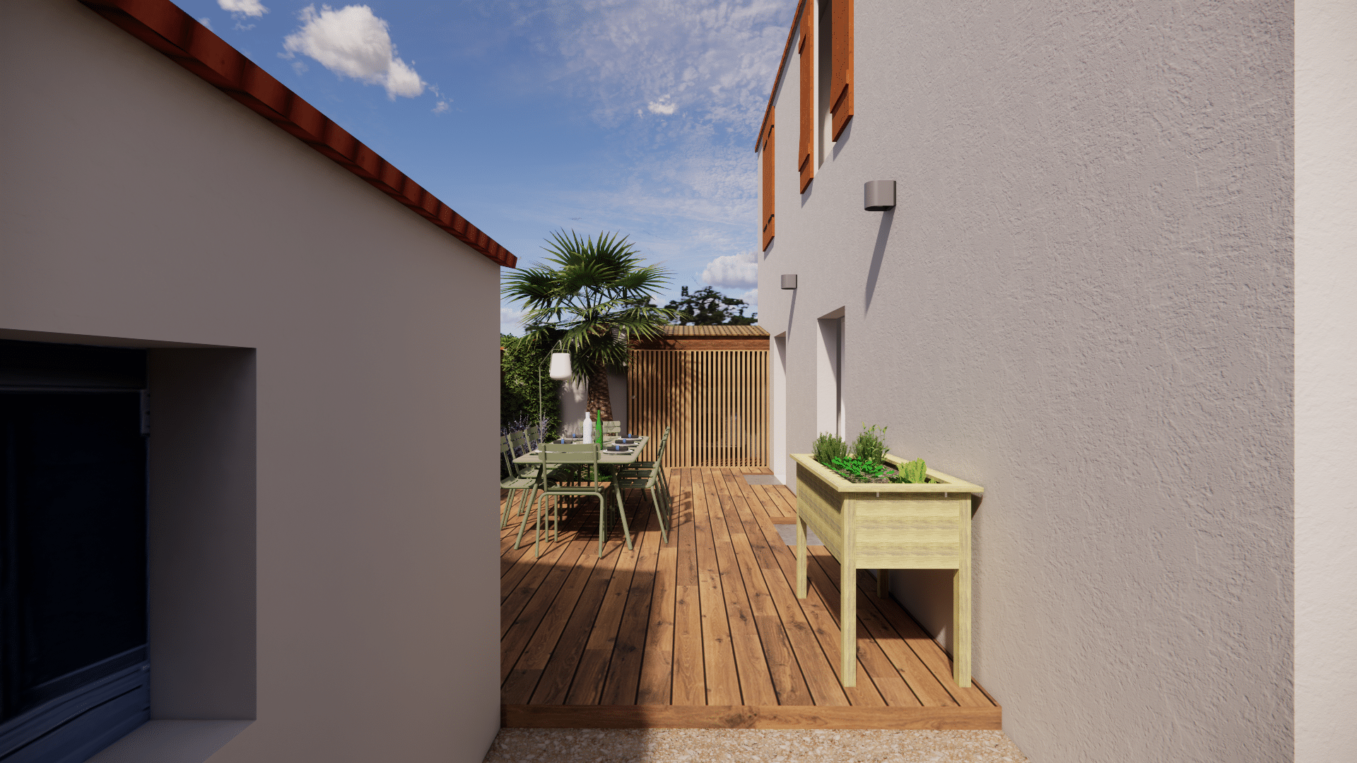 Terrasse en bois moderne avec table à manger verte, jardinière surélevée et palmier sous un ciel bleu.