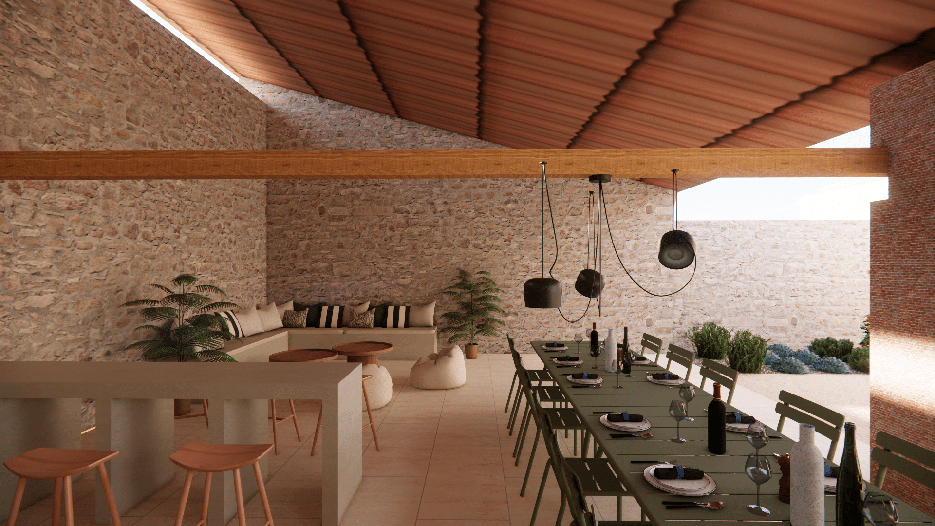 Terrasse élégante avec murs en pierre, table à manger conviviale, coin salon confortable et éclairage moderne suspendu.