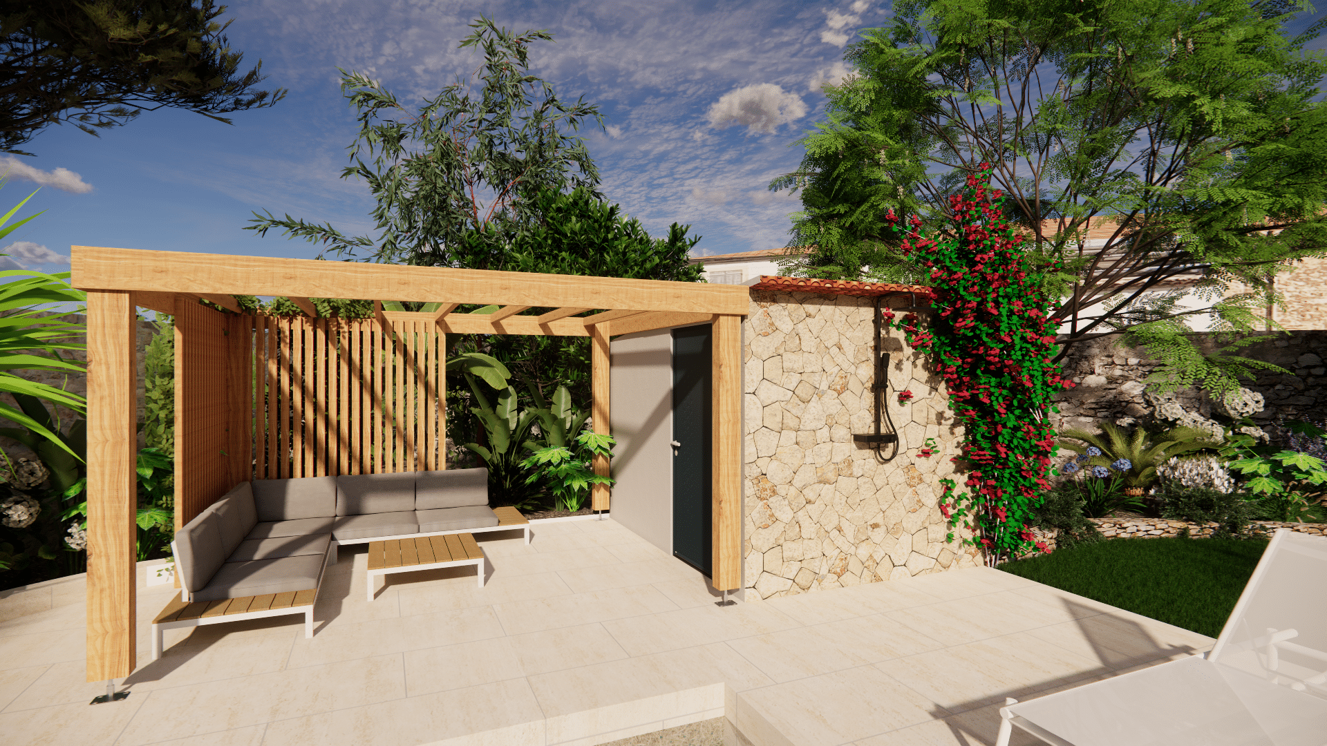 Terrasse moderne avec pergola en bois, salon de jardin gris et douche extérieure sur mur en pierre naturelle.