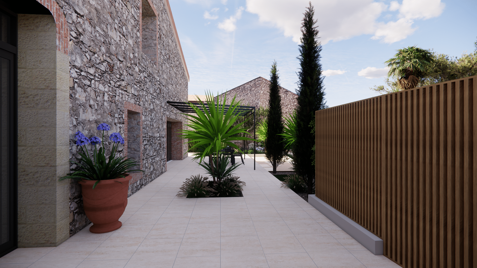 Terrasse moderne avec mur en pierre, carrelage clair, plantes méditerranéennes et claustra bois sous un ciel azur.