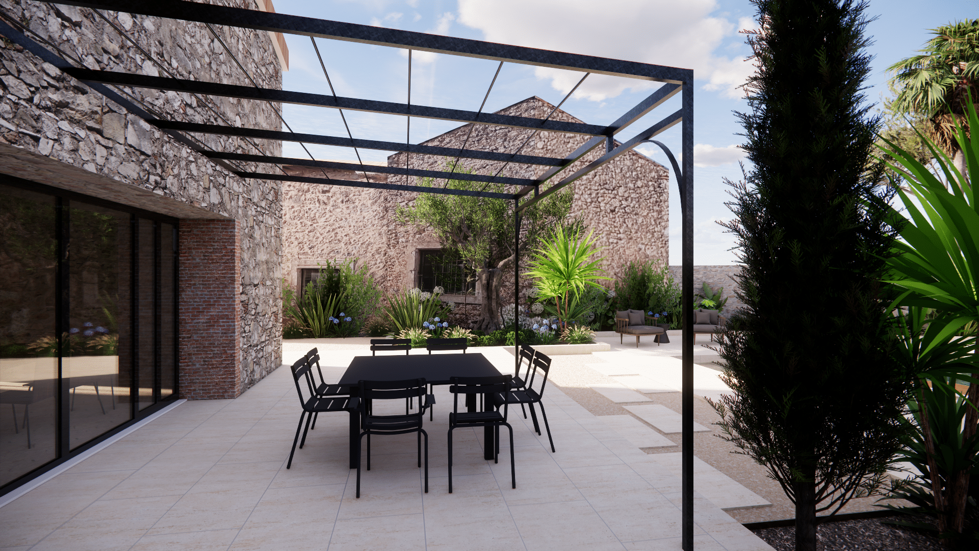 Terrasse moderne avec pergola noire, table à manger, murs en pierre et jardin méditerranéen ensoleillé.