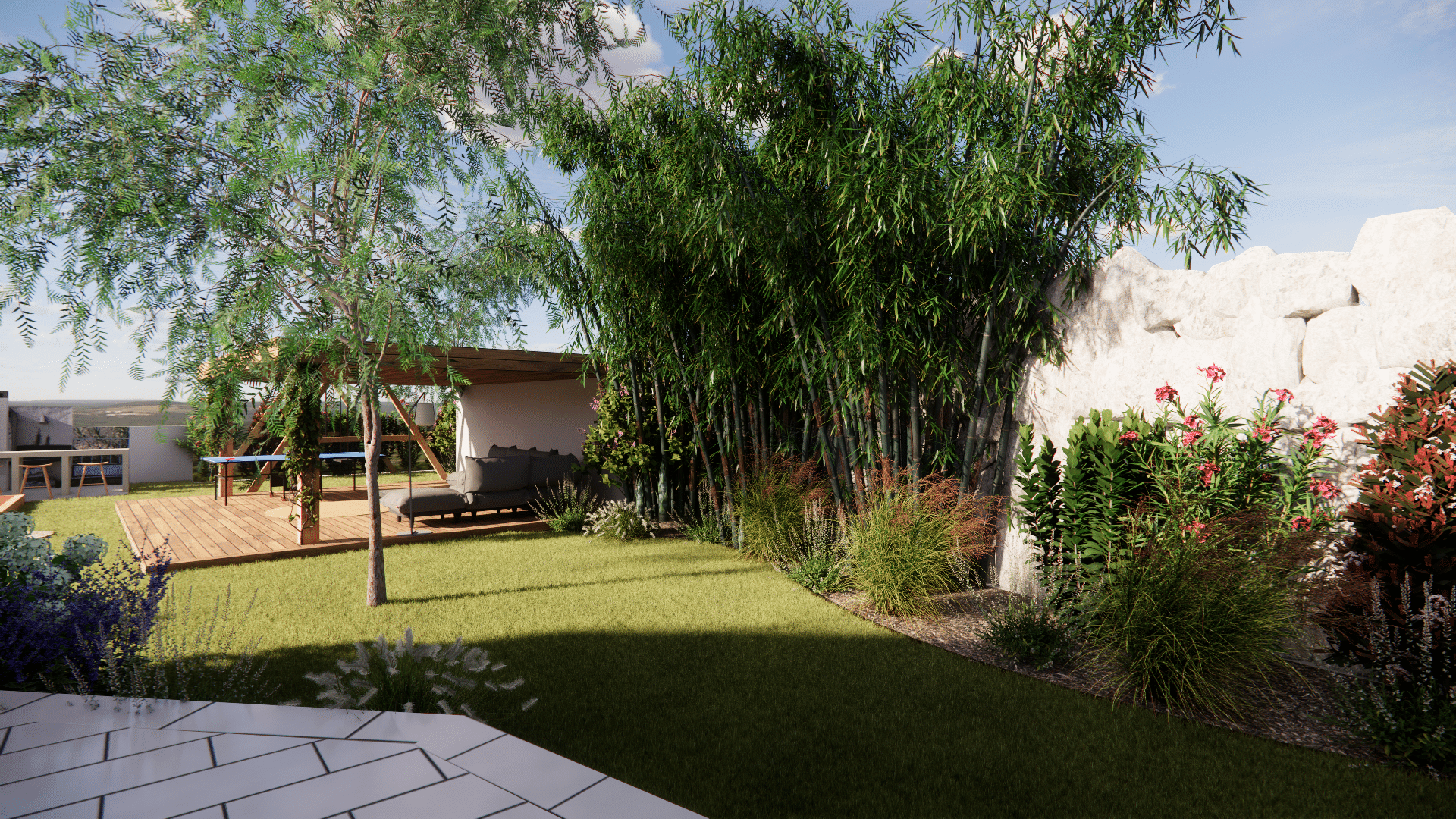 Jardin moderne avec terrasse bois, pergola, bambous denses et mur de pierre décoratif.