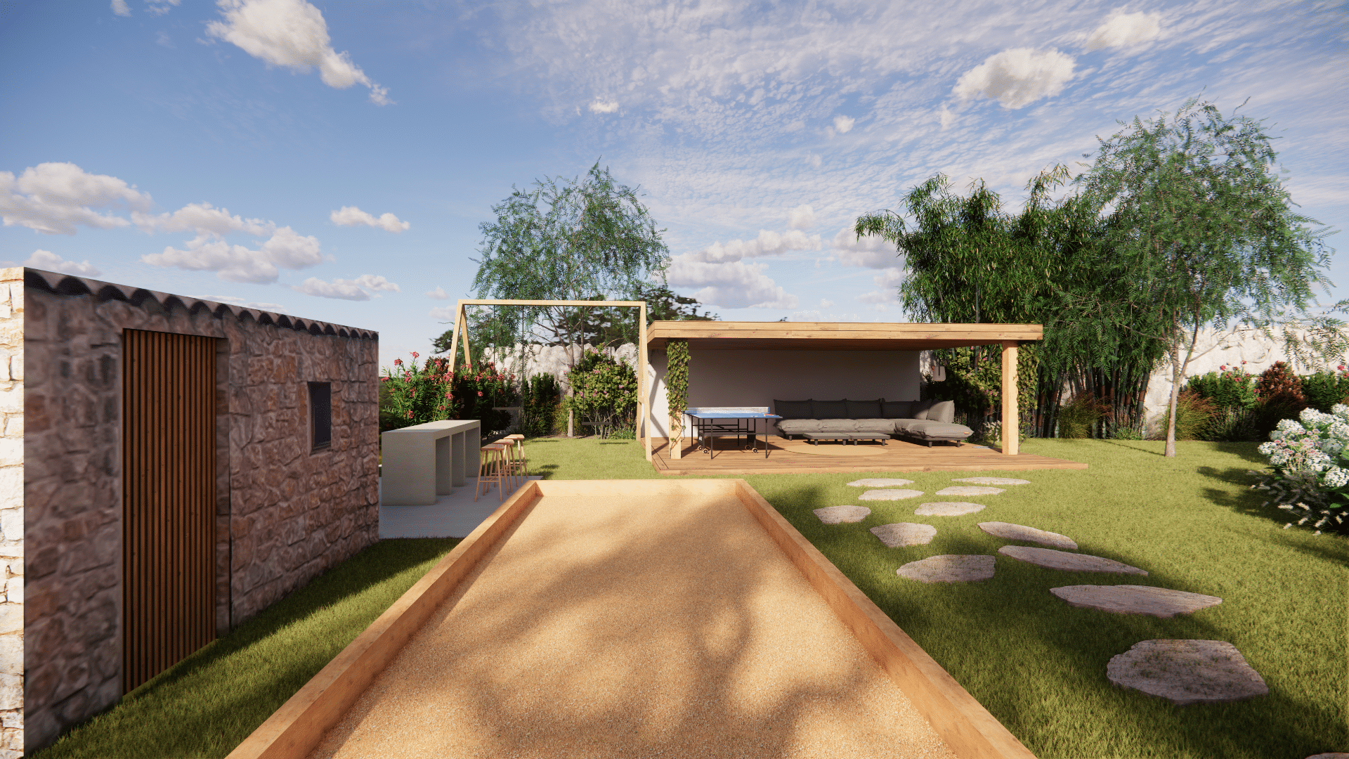 Terrain de pétanque, pergola en bois et bar dans un jardin paysager moderne.