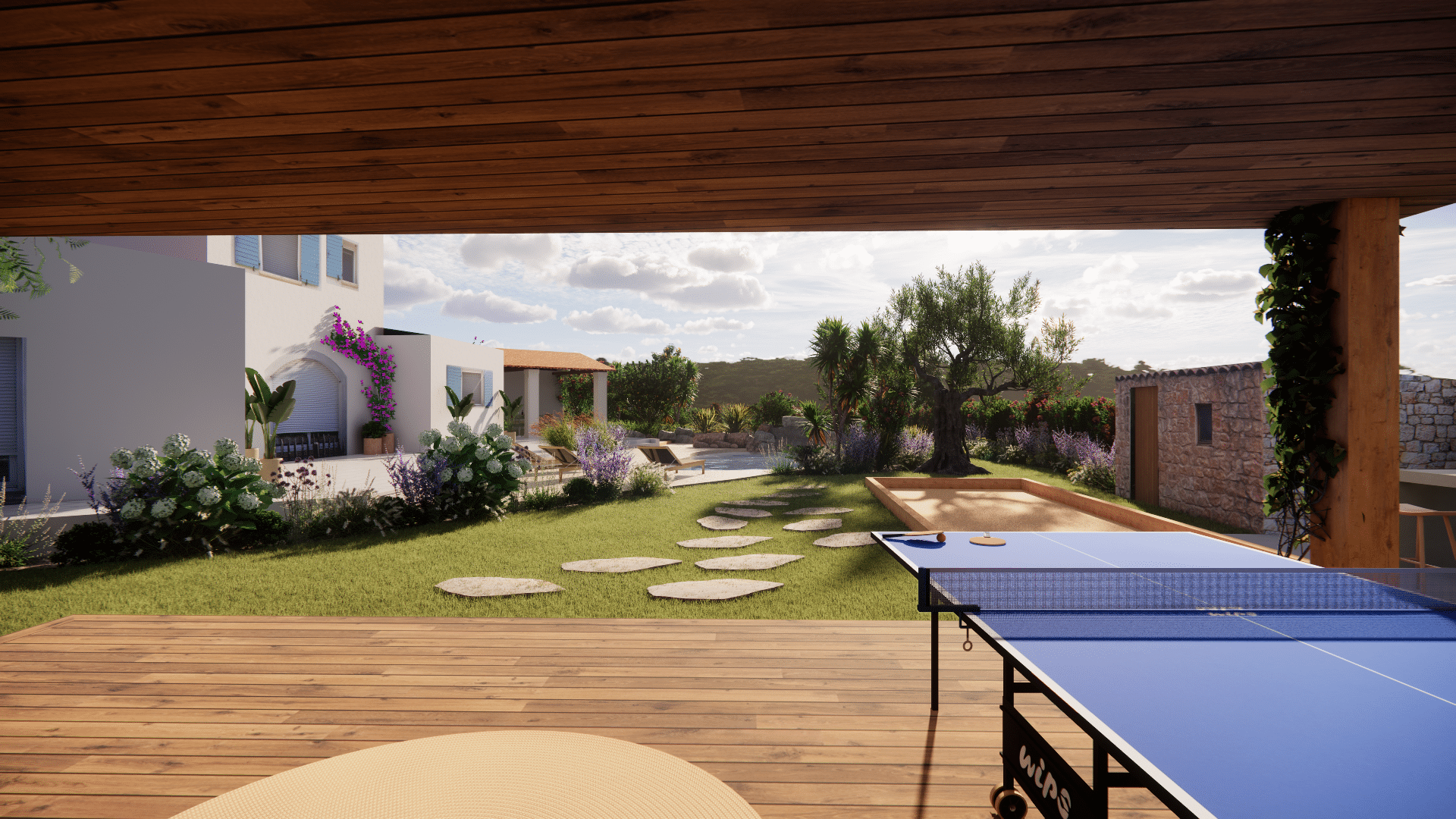Terrasse avec ping-pong Wips, pétanque et jardin méditerranéen avec piscine et villa.