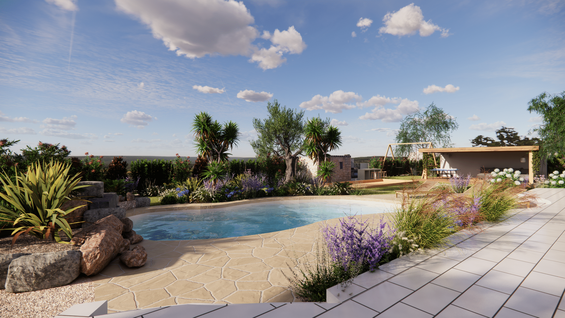 Piscine paysagée avec terrasse en pierre, végétation méditerranéenne et pavillon sous ciel bleu.