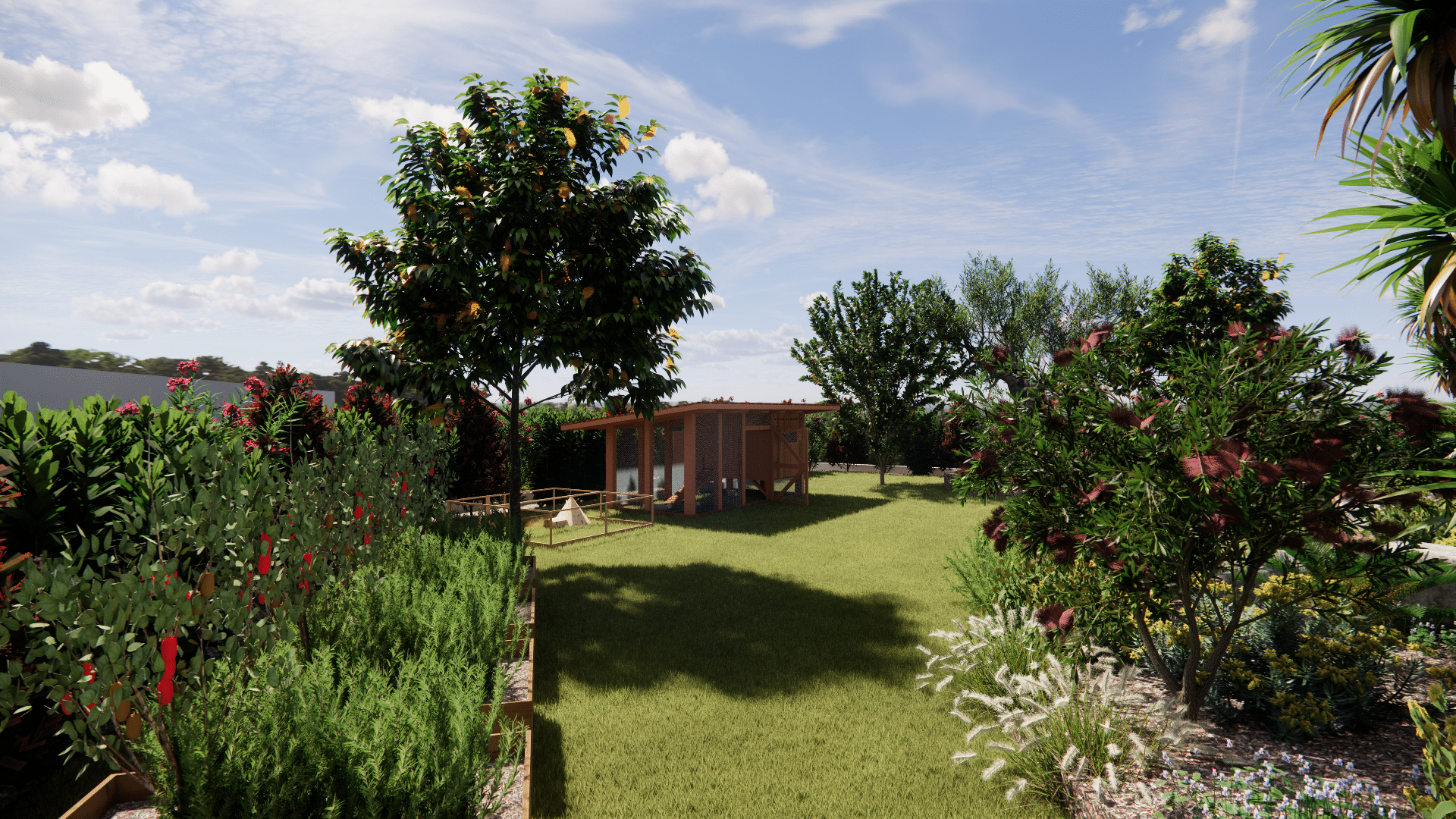 Jardin paysager avec poulailler en bois, arbres fruitiers et massif de fleurs.